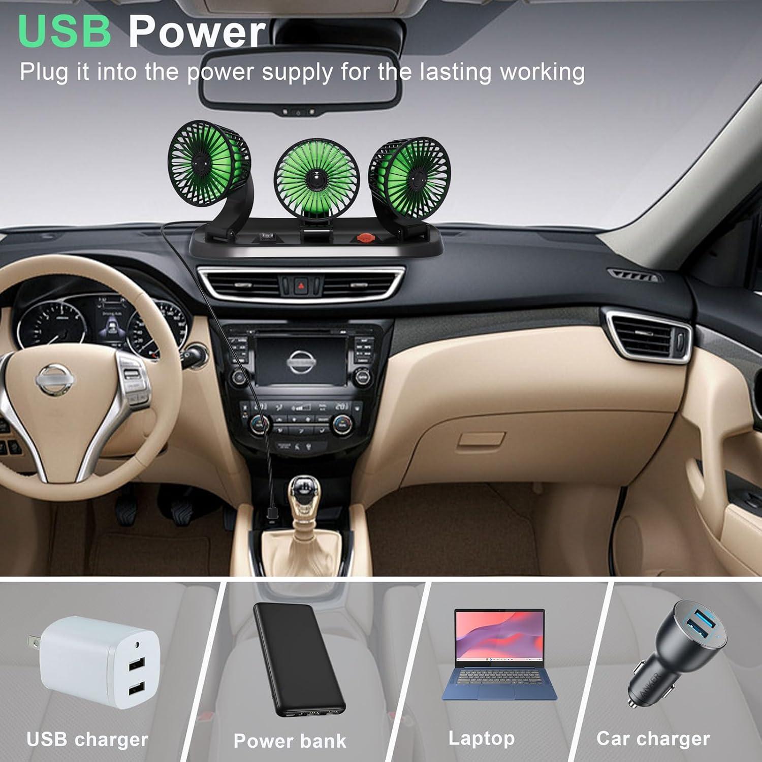 Ventilador de Coche USB Moqidong 3 Cabezas 360° Silencioso