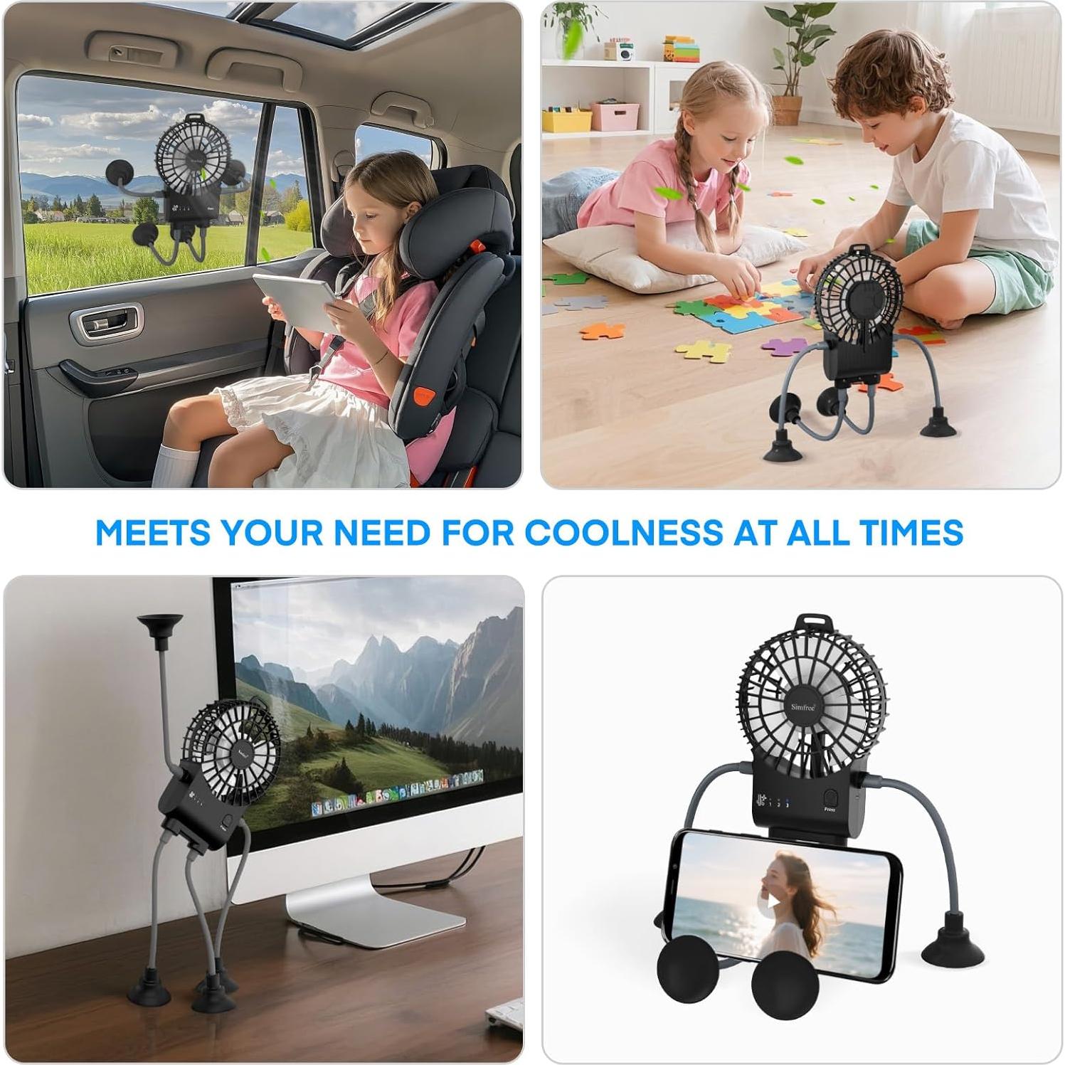 Ventilador Portátil Simfree Negro, 3 Velocidades, Manos Libres