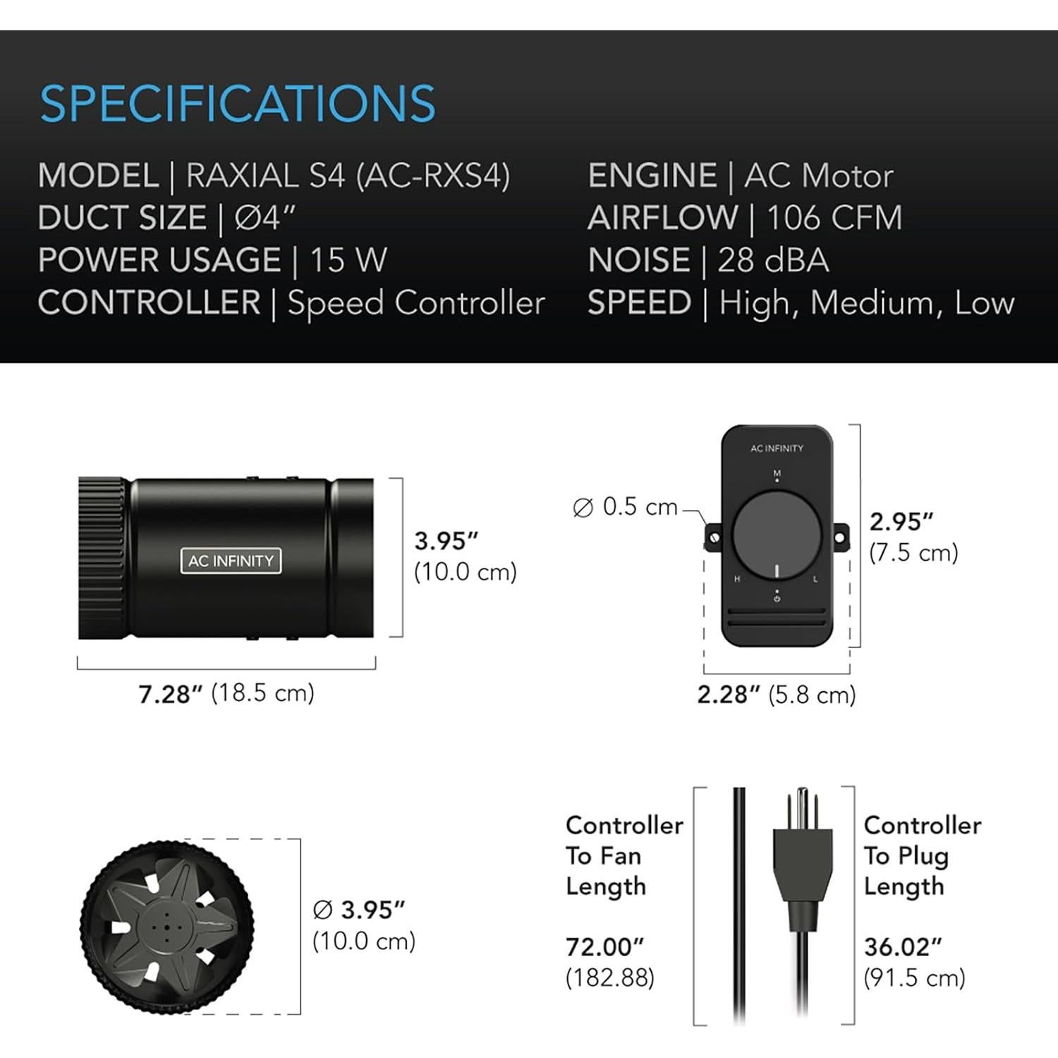 Ventilador de Conducto AC Infinity RAXIAL S4 4" con Controlador