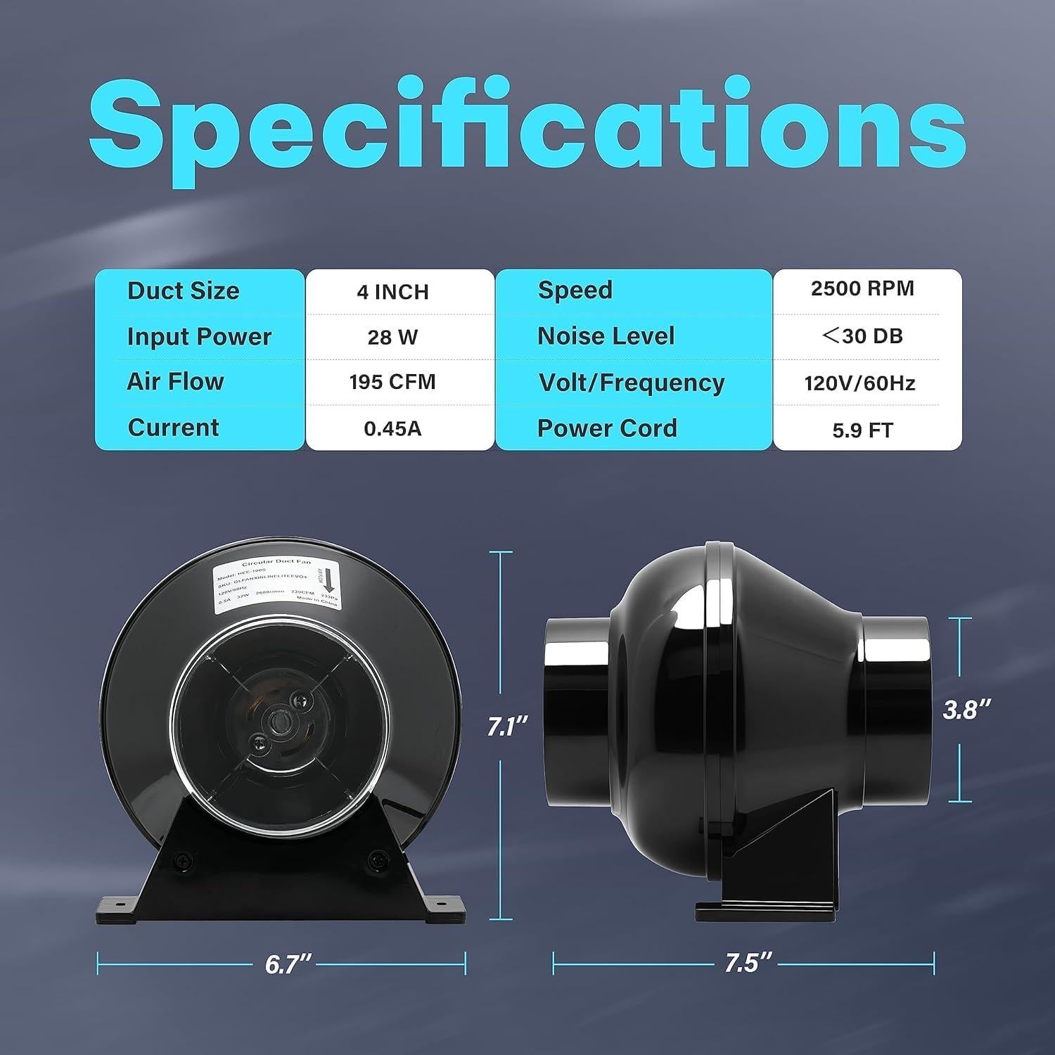 Ventilador de Conducto Inline Simple Deluxe 4" 195 CFM Negro