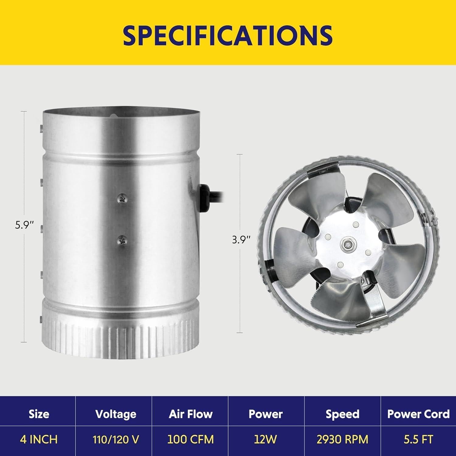 Ventilador de Conducto Inline iPower 4" 100 CFM Bajo Ruido