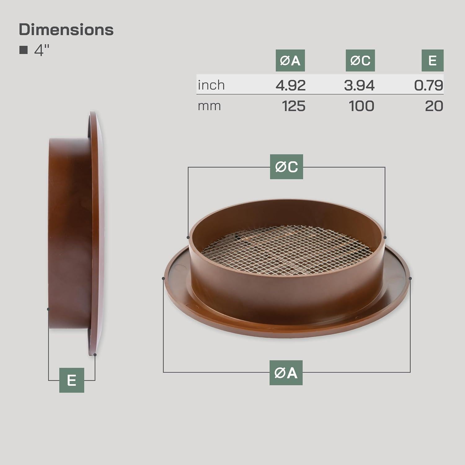 Rejillas de Ventilación Redondas 10.16 cm Marrón - Paquete de 5