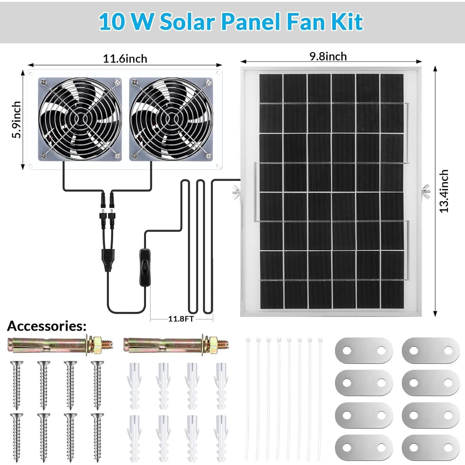 Kit Ventilador Solar Glooglitter 10W Doble para Invernadero