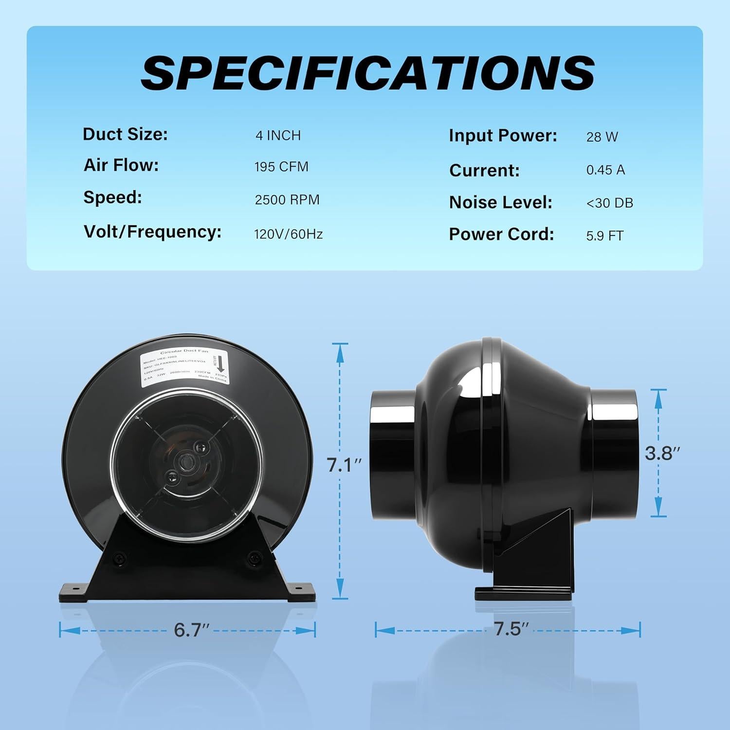 Ventilador de Conducto Inline HealSmart 10.16 cm 195 CFM Silencioso