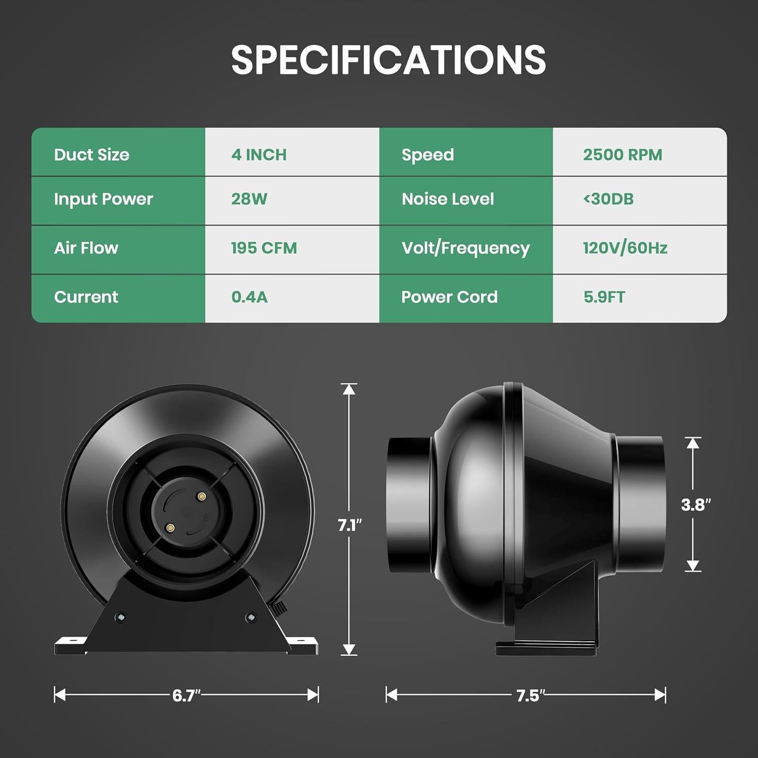 Ventilador Inline InfiniPower 4" 195 CFM con Controlador