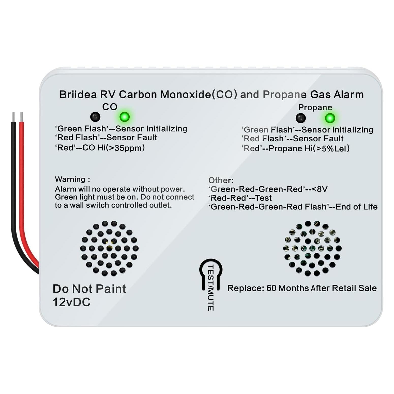 Alarma Dual de Monóxido de Carbono y Gas Propano Briidea 12V
