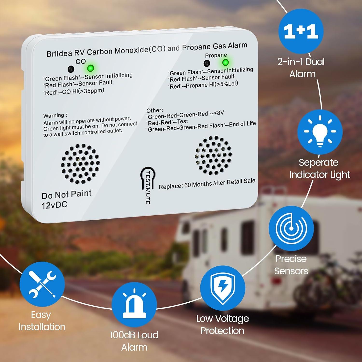Alarma Dual de Monóxido de Carbono y Gas Propano Briidea 12V