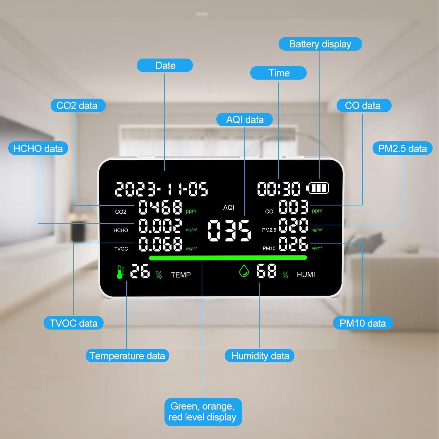 Monitor de Calidad del Aire MGNBDY AIR-11-1 11-en-1 Portátil