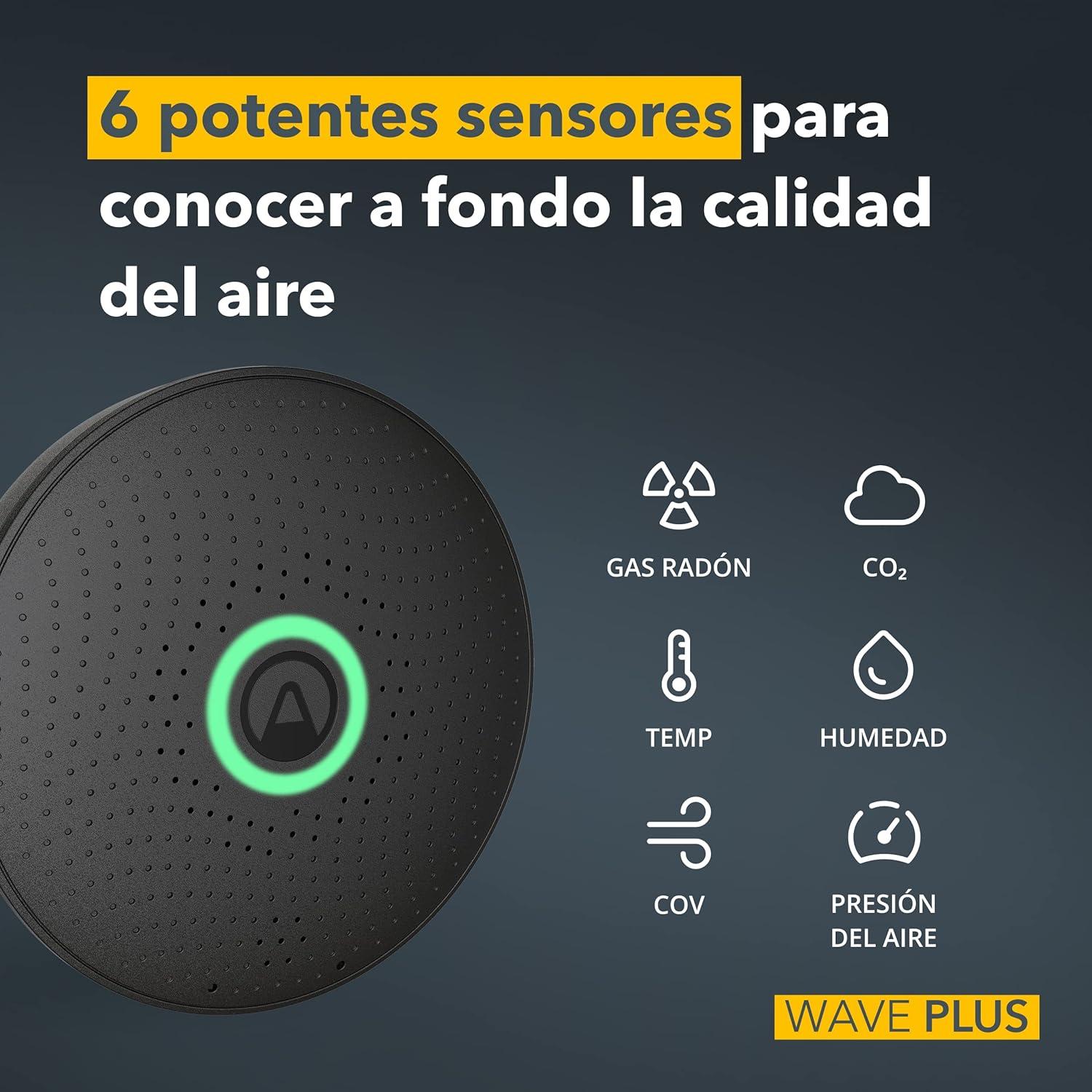 Monitor de Calidad del Aire Airthings Wave Plus Negro - Radón, CO2, VOCs