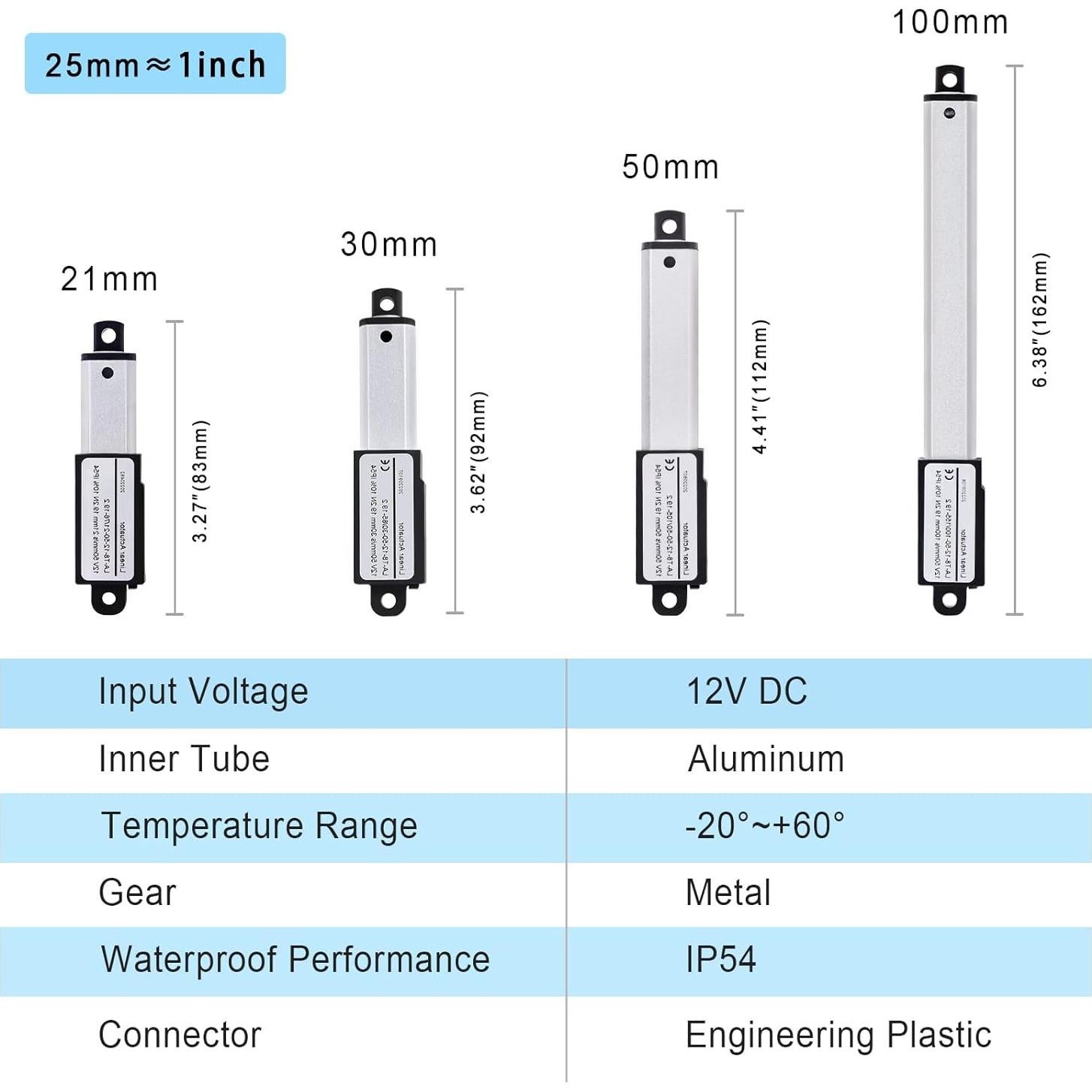 Mini Actuador Lineal Eléctrico 100mm 12V Poweka - 19.2N