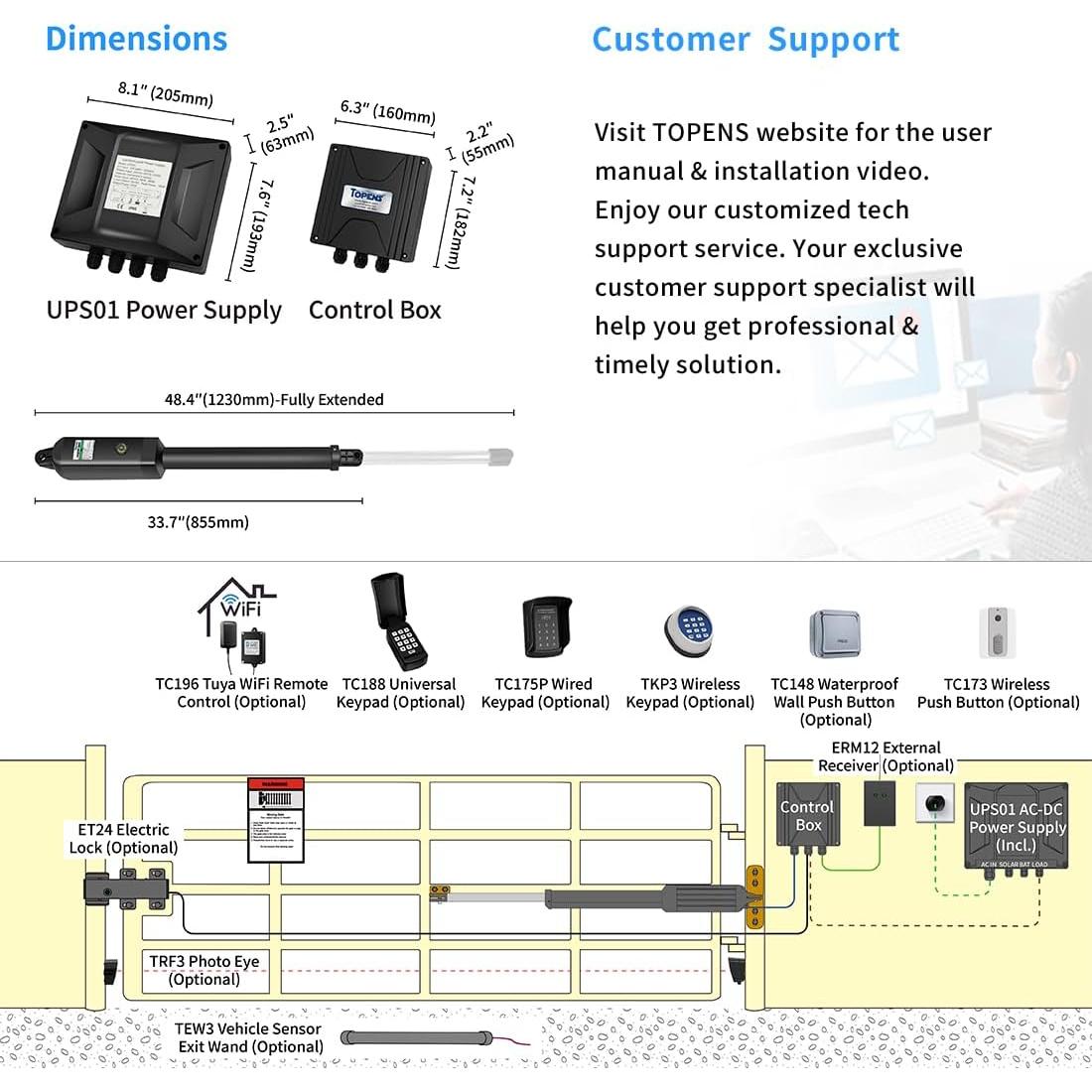 Abridor de Puerta de Swing Único TOPENS A5131 24V 50W