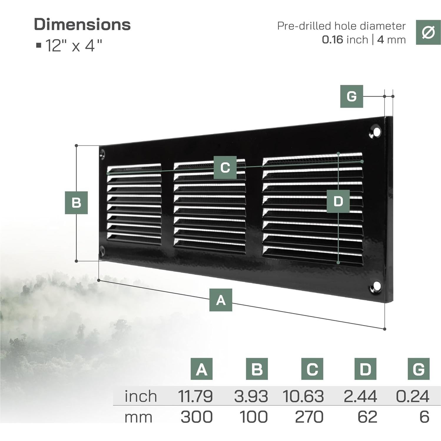 Cubierta de Ventilación de Metal 30x10 cm - Paquete de 2 - Negro