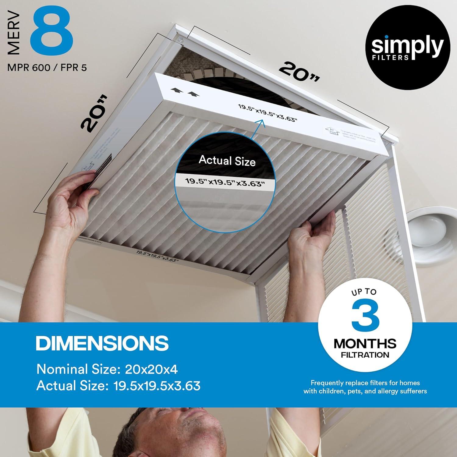 Filtro de Aire Simply MERV 8 20x20x4, Paquete de 4, HEPA