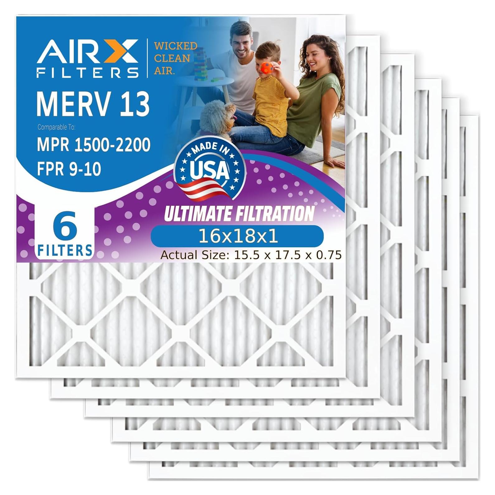 Filtro de Aire AIRx 16x18x1 MERV 13 - Paquete de 6 Filtros HVAC