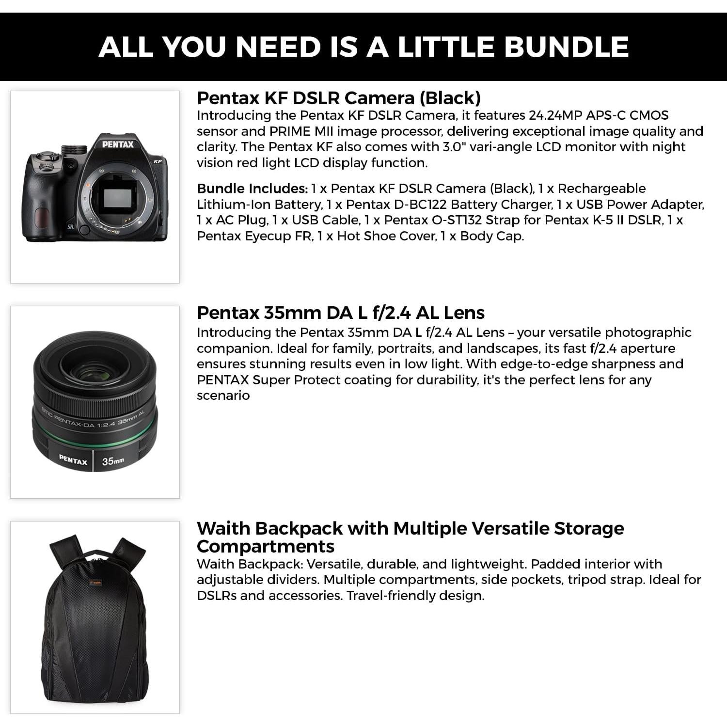 KF APS-C Digital SLR Camera Body (Black) | 24MP CMOS Sensor, Built-in Wi-Fi with Pentax 35mm DA L F2.4 AL Lens and Waith Camera Backpack with Multiple Compartments (Bundle Set)