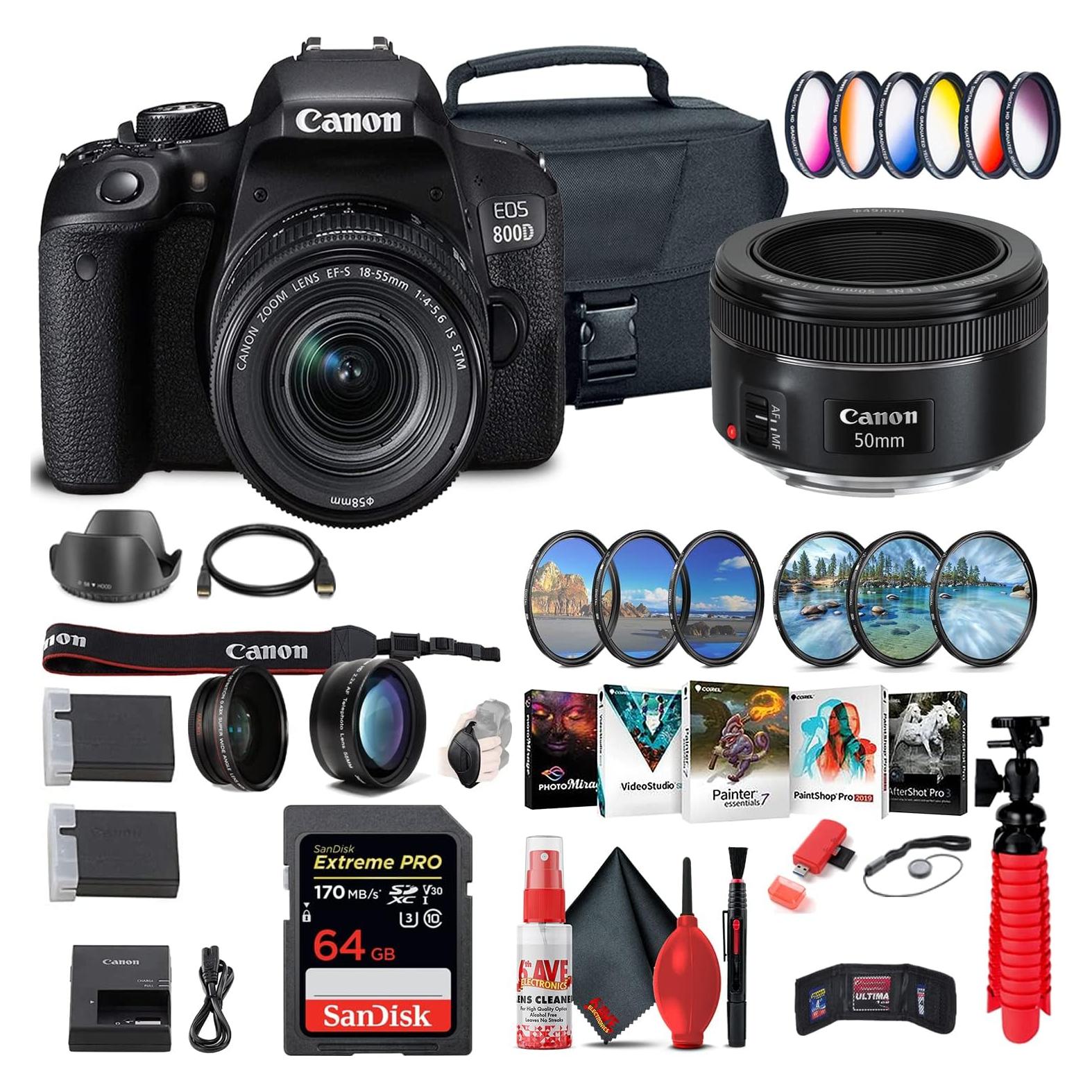 Canon EOS Rebel 800D / T7i DSLR Camera with 18-55 4-5.6 is STM Lens, Canon EF 50mm Lens, 64GB Card, Color Filter Kit, Case, Corel Photo Software, LPE17 Battery + More (Renewed)