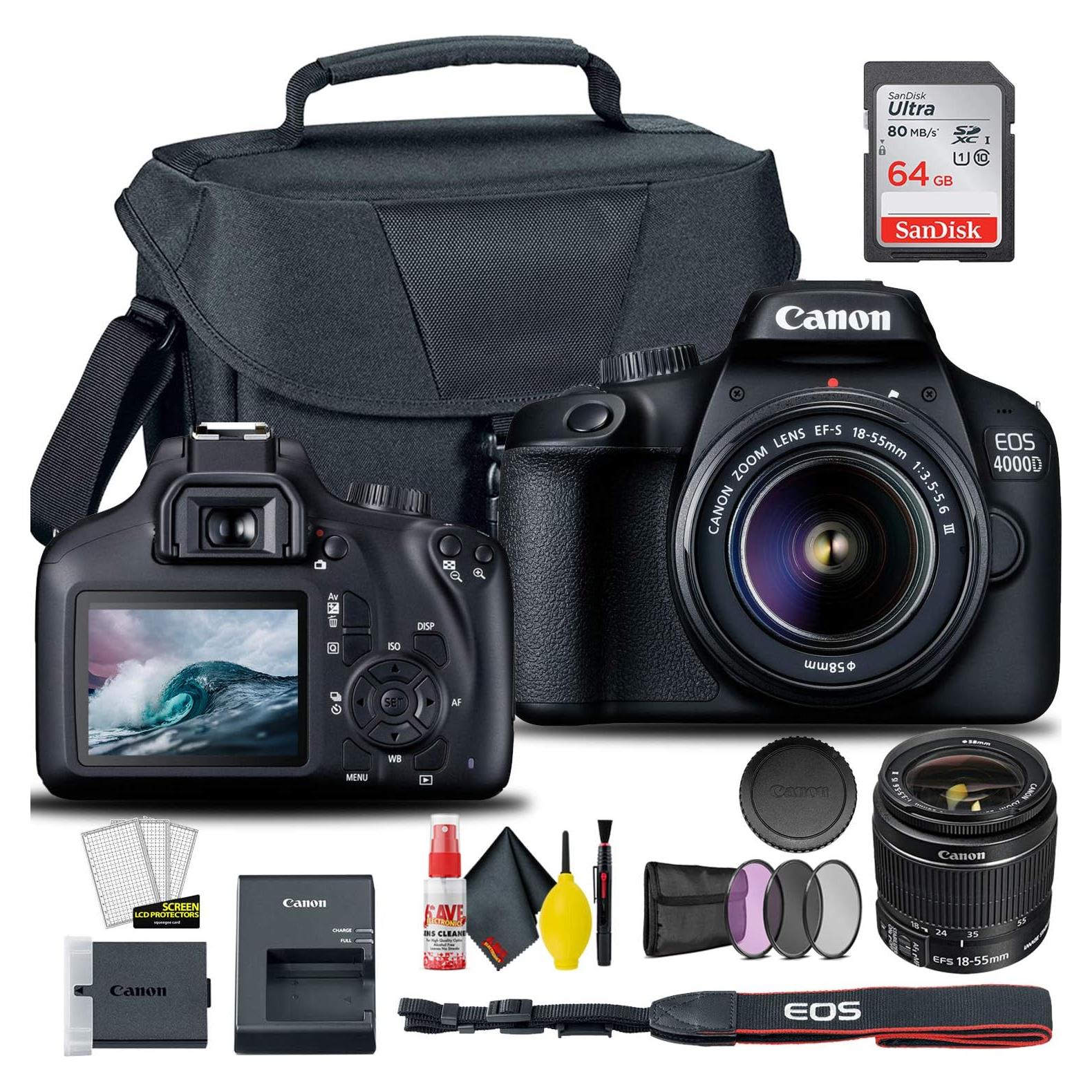 Canon EOS 4000D / Rebel T100 DSLR Camera with 18-55mm Lens + Creative Filter Set, EOS Camera Bag + Sandisk Ultra 64GB Card + 6AVE Electronics Cleaning Set, and More (International Model) (Renewed)