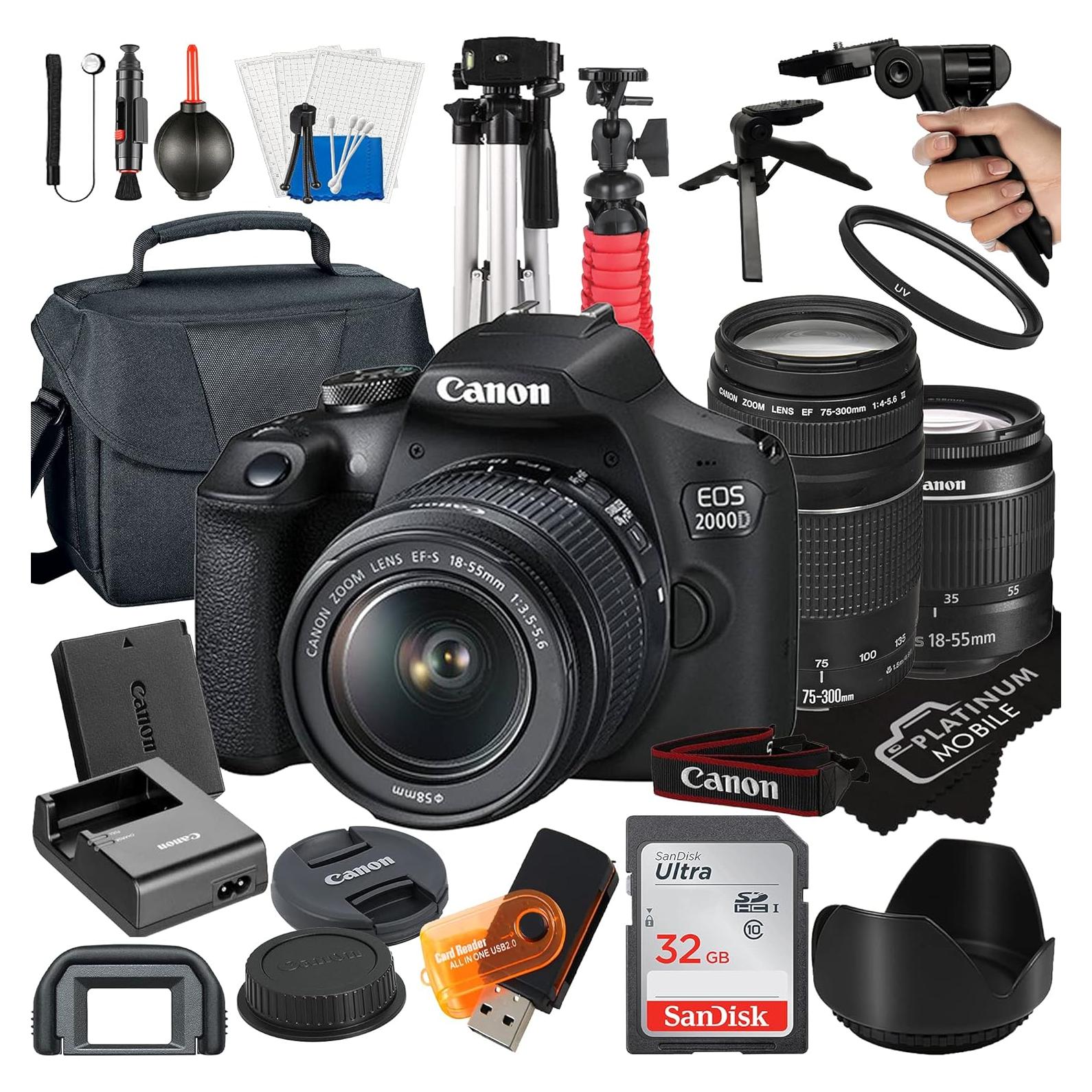 Canon EOS 2000D / Rebel T7 DSLR Camera with 18-55mm + 75-300mm Lens + SanDisk 32GB Card + Tripod + Case + MegaAccessory Bundle (22pc Bundle) (Renewed)