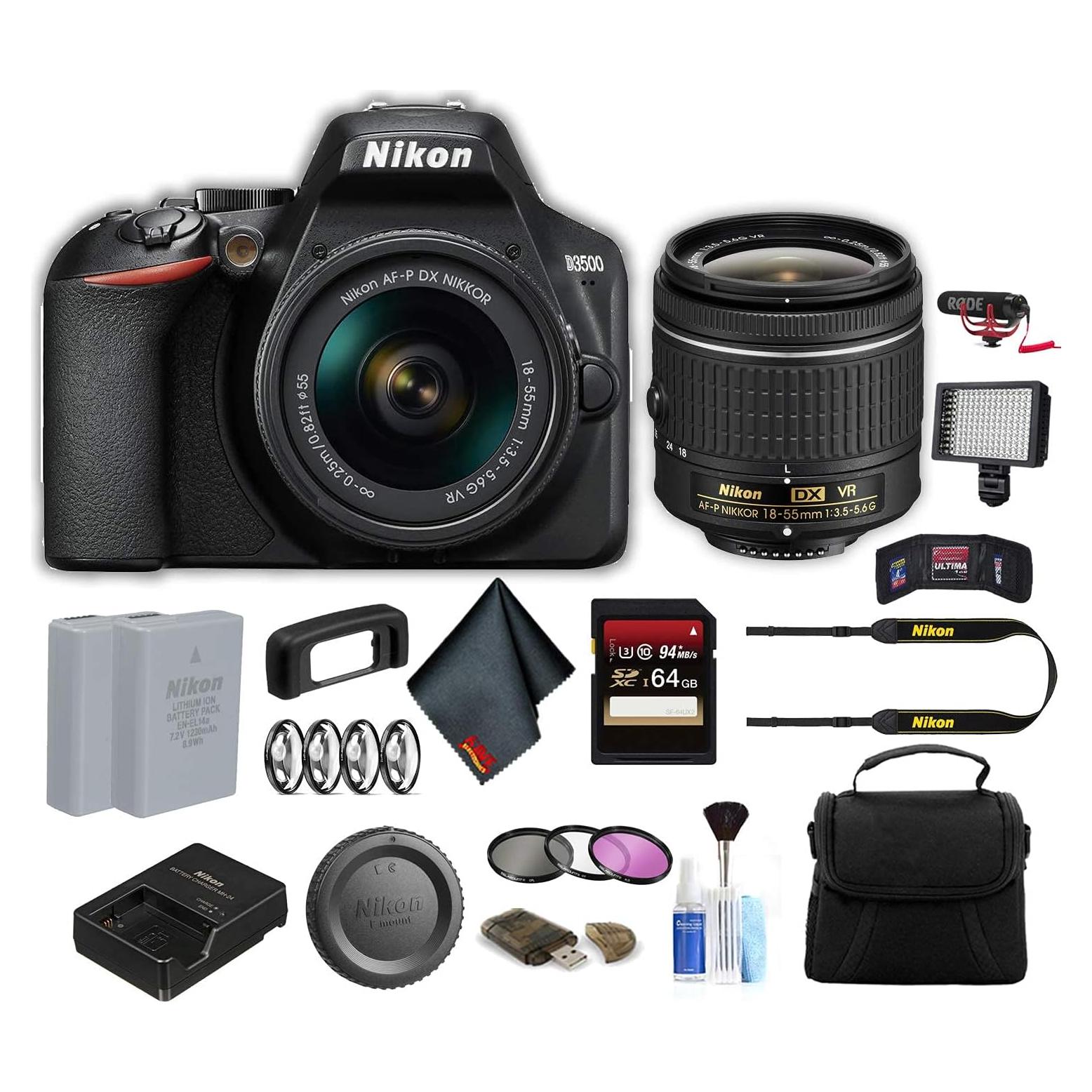 Cámara DSLR Nikon D3500 24.2MP con lente 18-55mm y accesorios