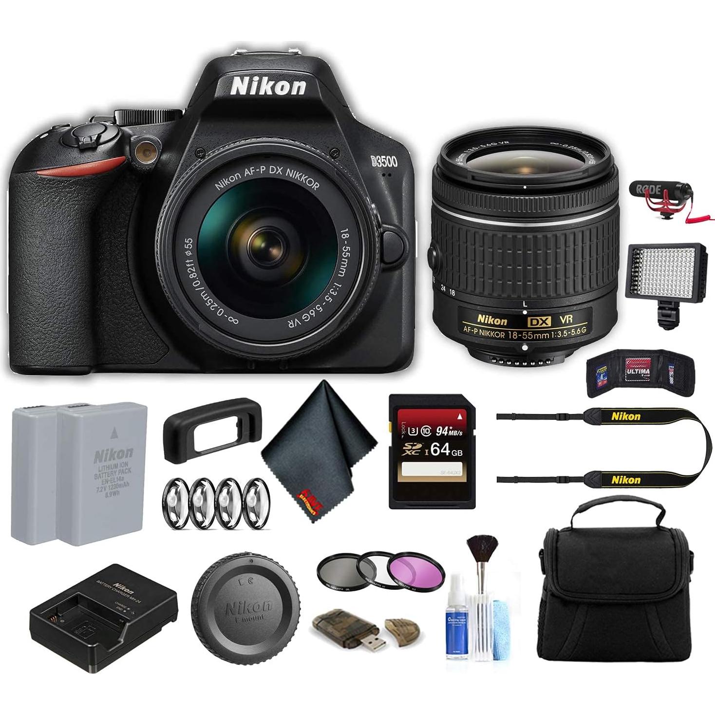 Cámara DSLR Nikon D3500 24.2MP con lente 18-55mm y accesorios