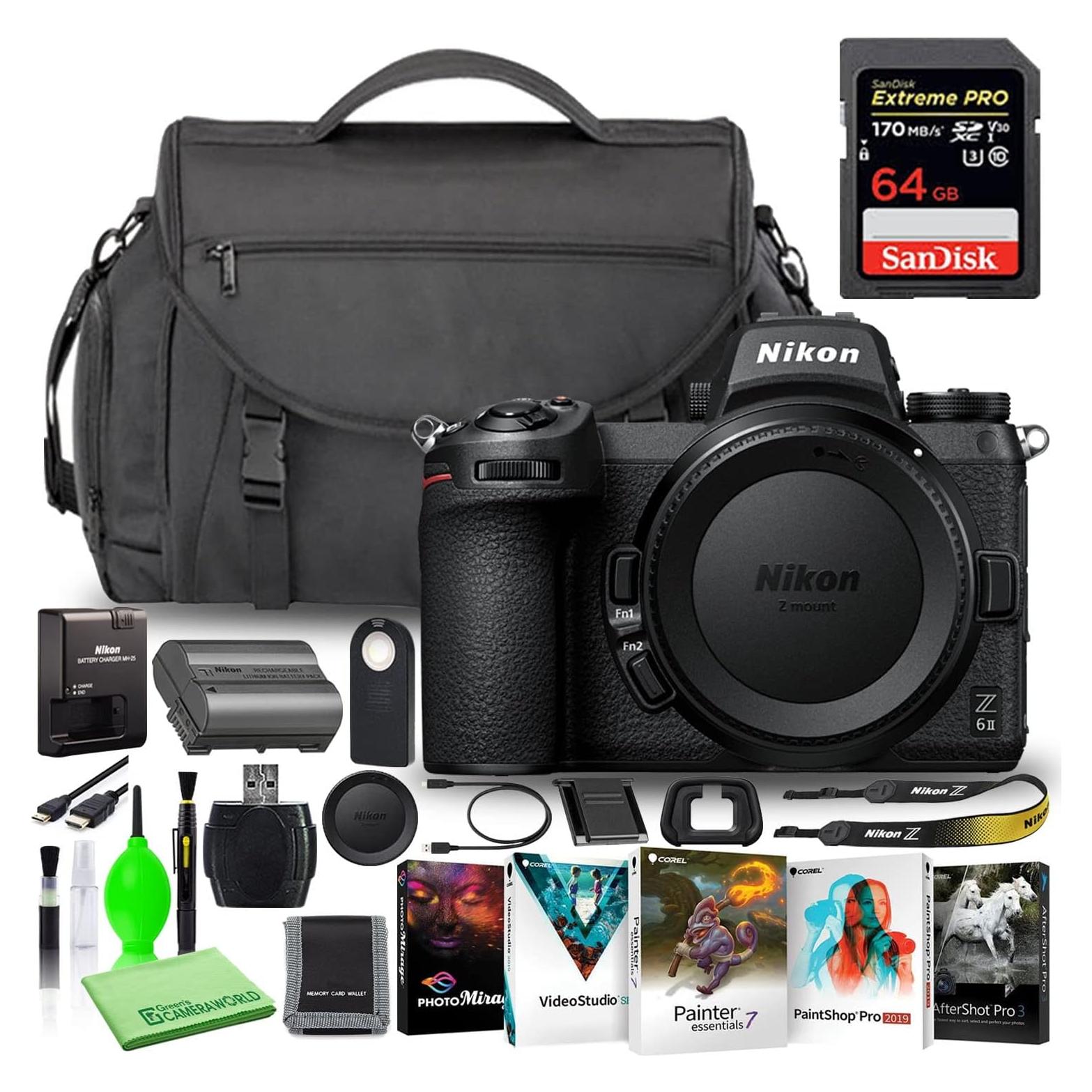 Nikon Z 6II 24.5MP Mirrorless Digital Camera (Body Only) (1659) Deluxe Bundle with High-Speed 64GB Extreme SD Card + Large DSLR Camera Bag + Corel Editing Software + Much More