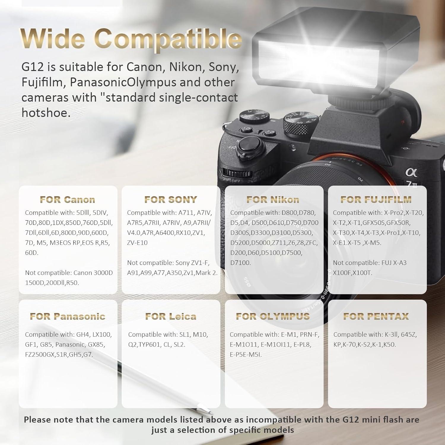 Flash Mini G12 NULBOFU para Cámara, GN12 5600K, Batería 1200mAh