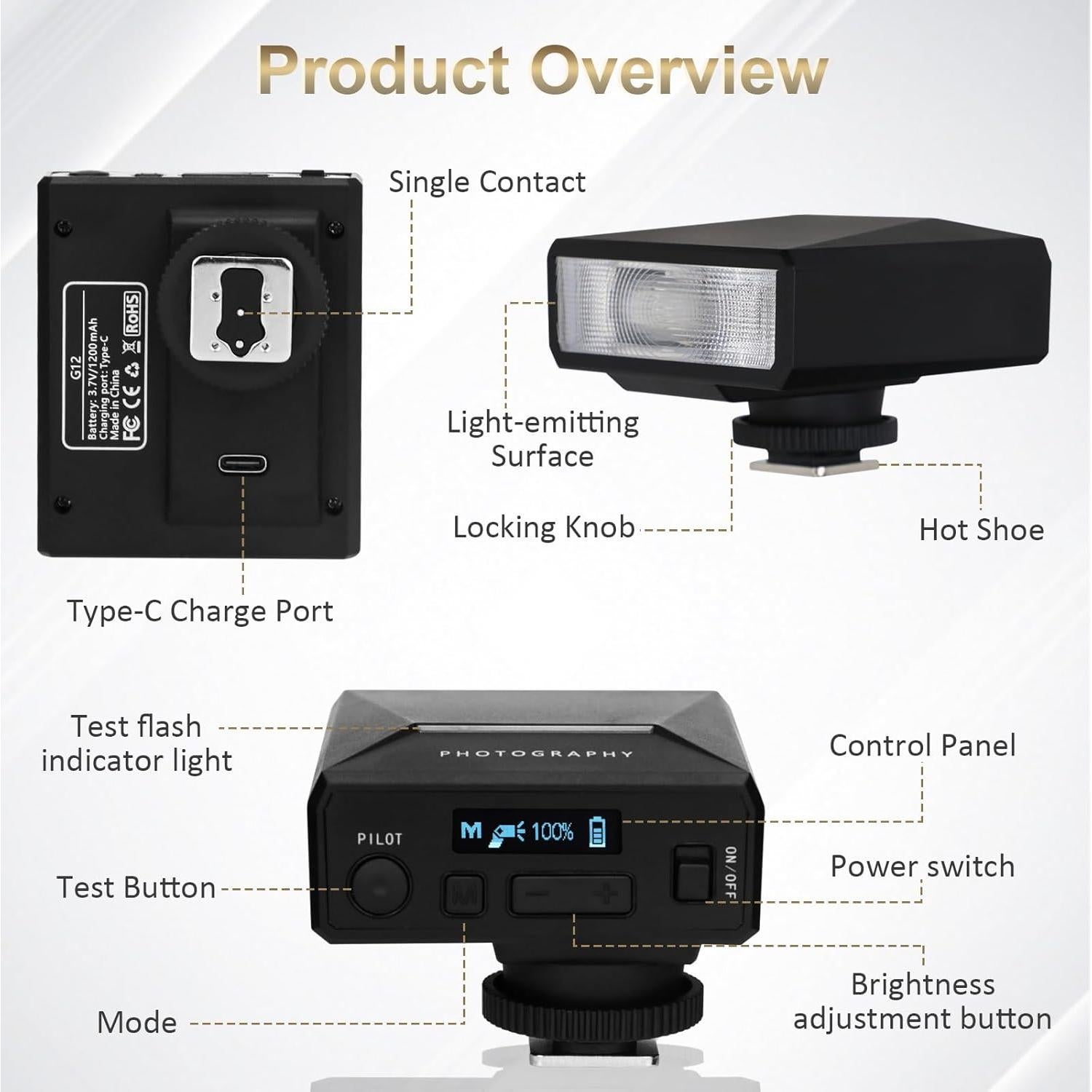 Flash Mini G12 NULBOFU para Cámara, GN12 5600K, Batería 1200mAh