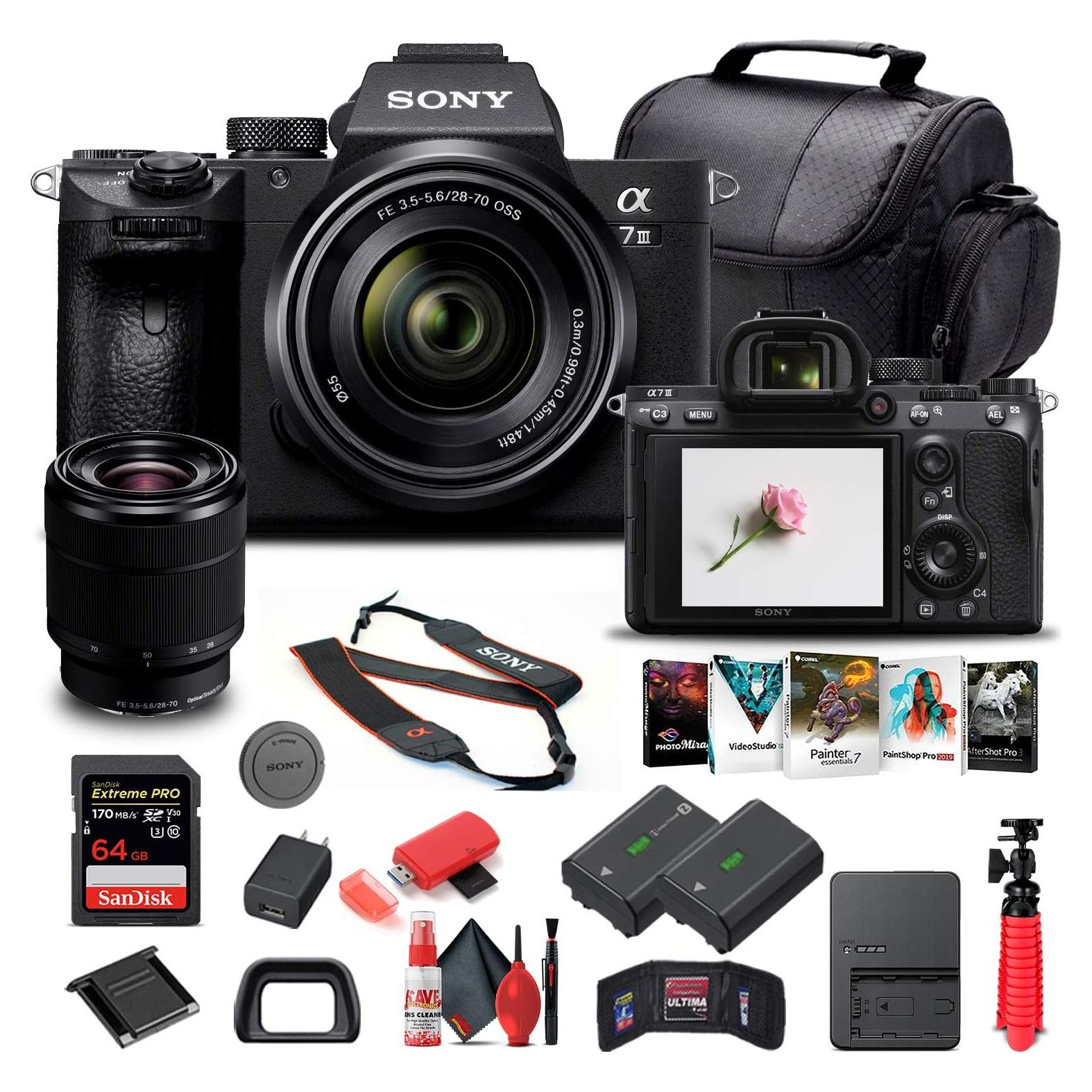 Sony Alpha a7 III Mirrorless Digital Camera with 28-70mm Lens + 64GB Memory Card + NP-FZ-100 + Photo Software + Case + External Charger + Card Reader + More (Renewed)