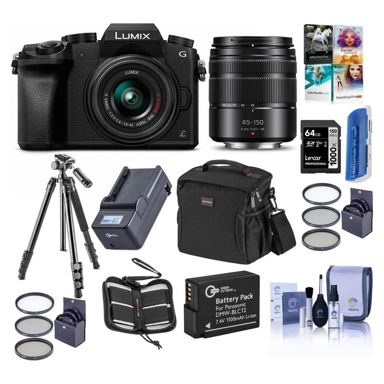 Panasonic Lumix DMC-G7 Mirrorless Camera with Lumix G Vario 14-42mm and 45-150mm Lenses Lens, Black - Bundle with Camera Case, 64GB SDXC U3 Card, Spare Battery, Tripod, Software Package, and More