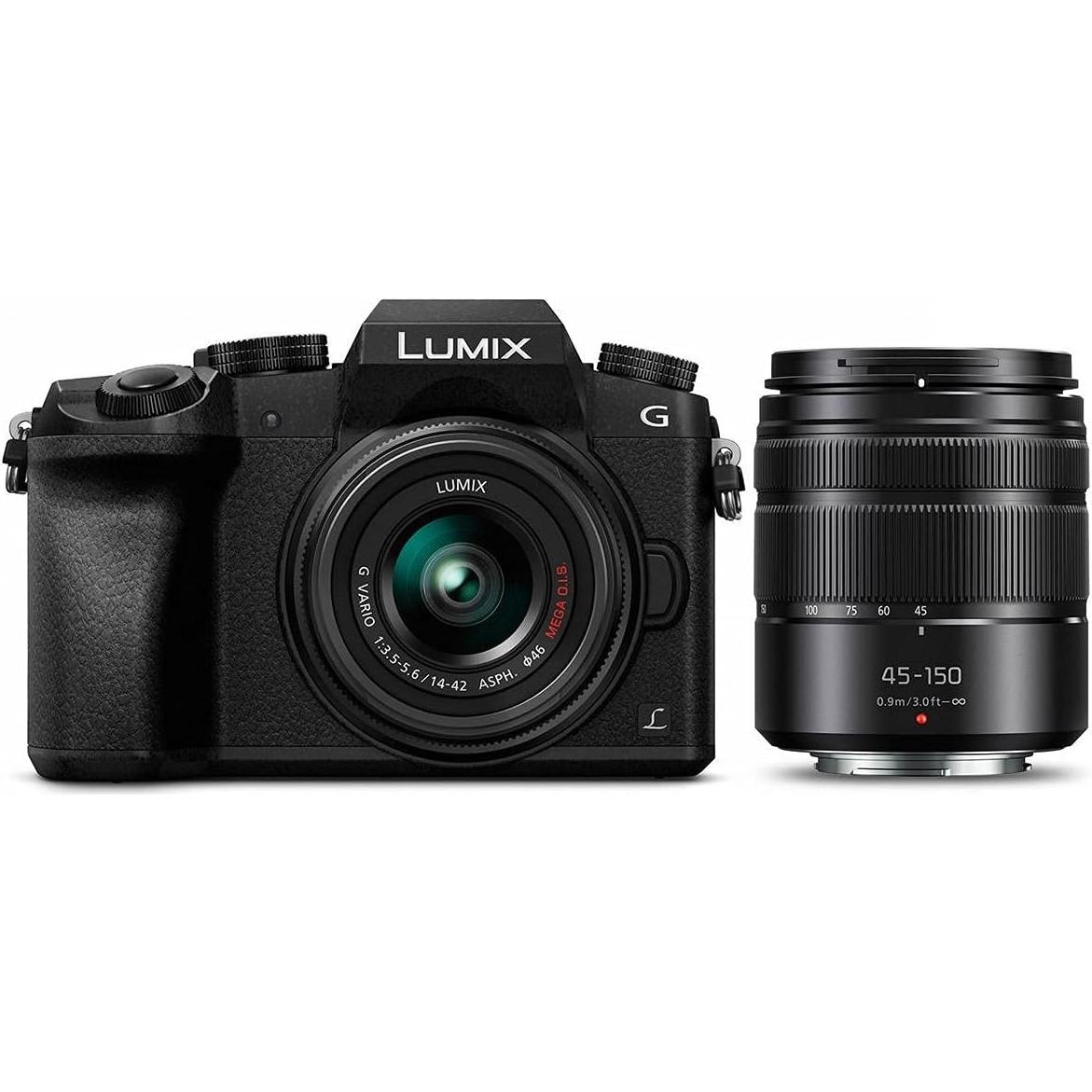 Panasonic Lumix DMC-G7 Mirrorless Camera with Lumix G Vario 14-42mm and 45-150mm Lenses Lens, Black - Bundle with Camera Case, 64GB SDXC U3 Card, Spare Battery, Tripod, Software Package, and More