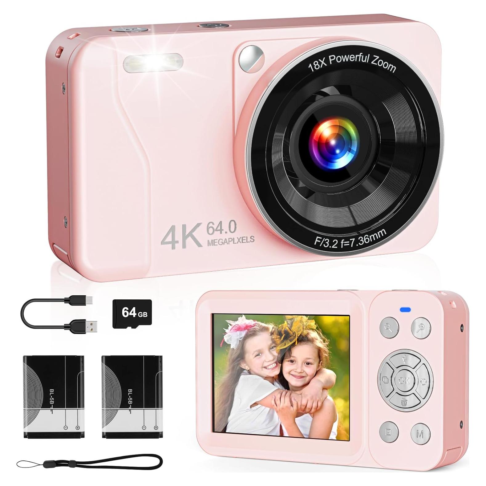 Cámara Digital HSZTJJYP 4K 64MP Rosa con Zoom 18x y 64GB