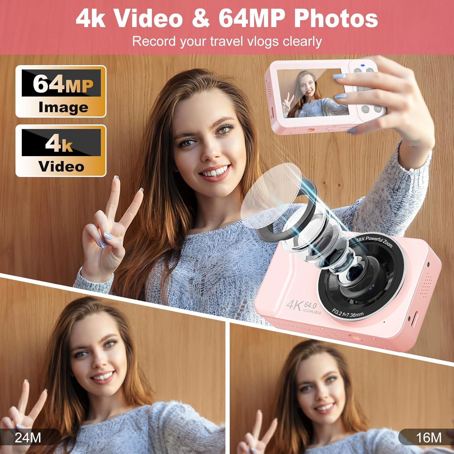 Cámara Digital HSZTJJYP 4K 64MP Rosa con Zoom 18x y 64GB