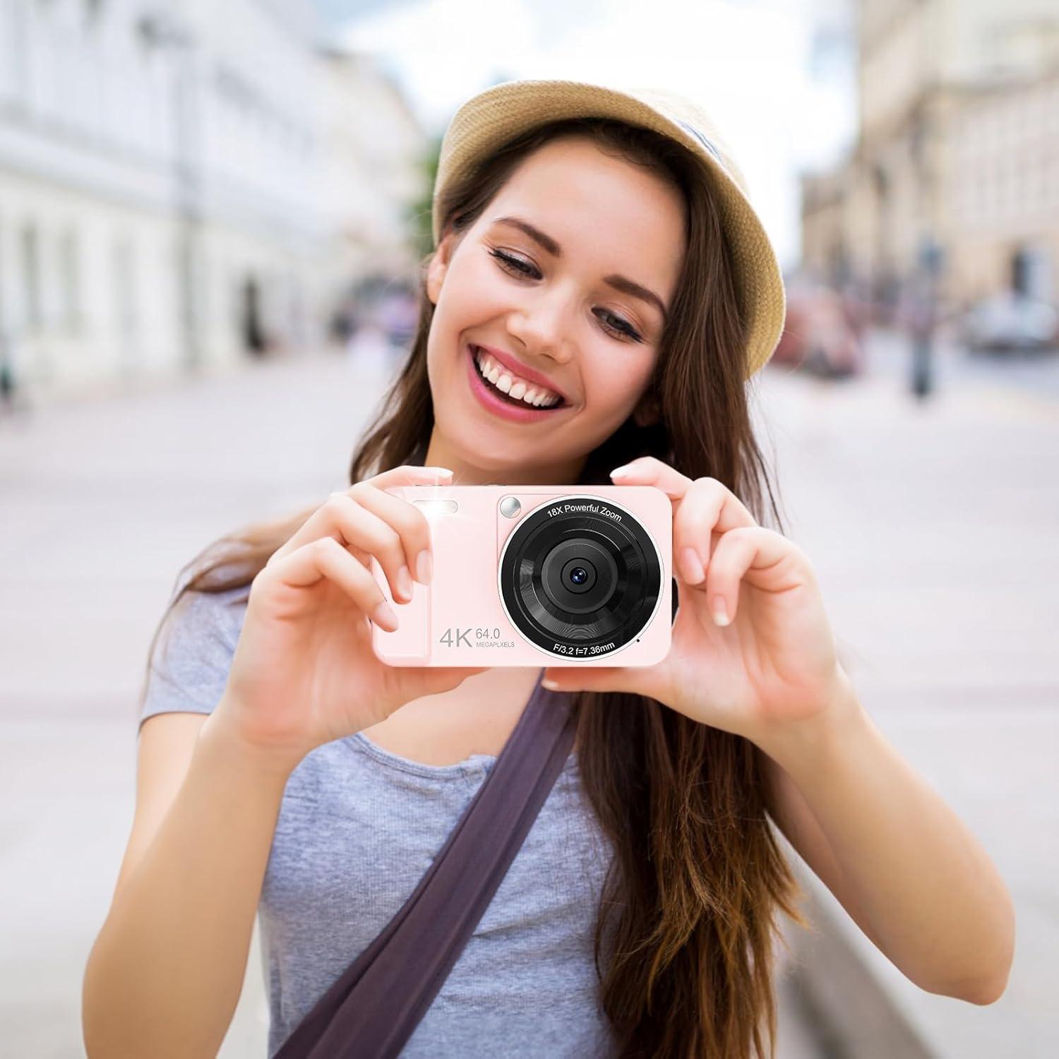 Cámara Digital HSZTJJYP 4K 64MP Rosa con Zoom 18x y 64GB