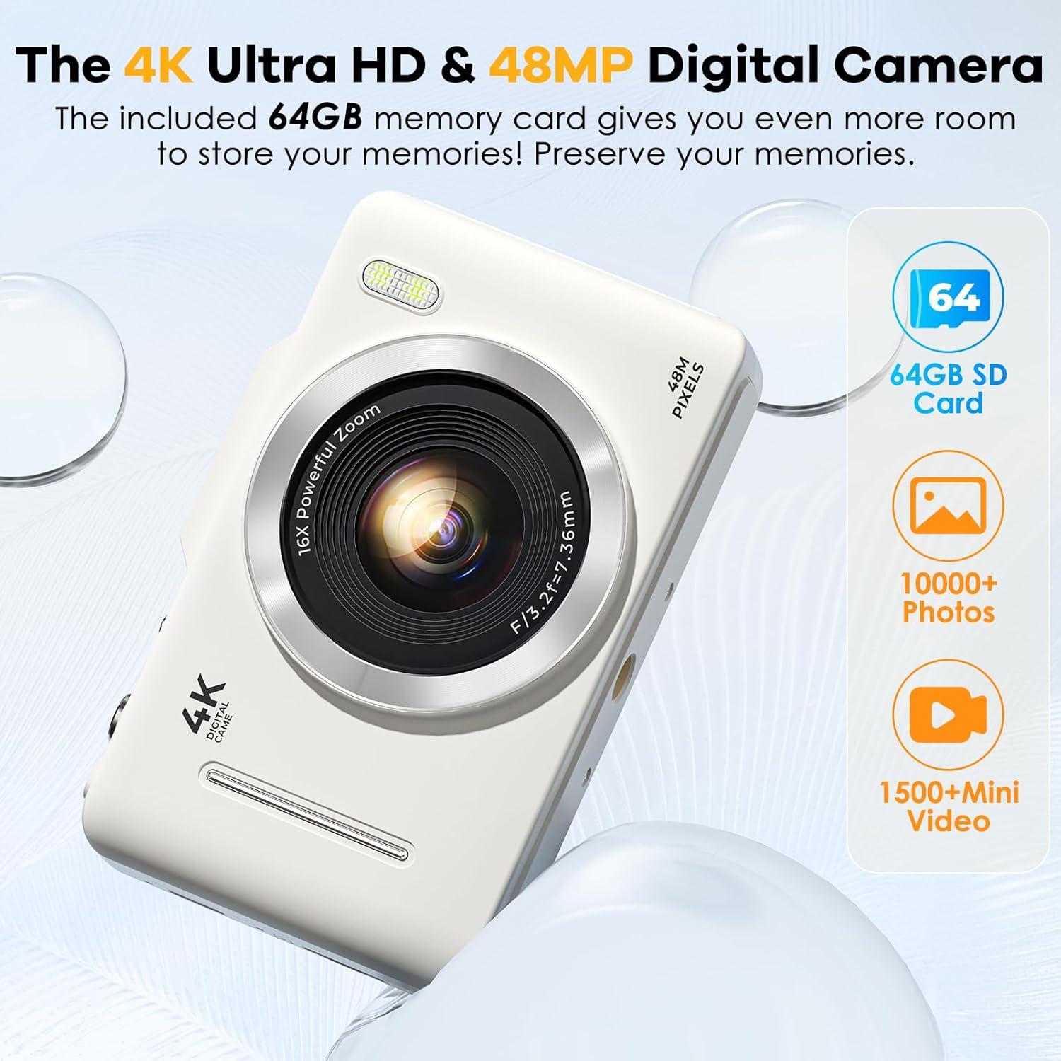 Cámara Digital Compacta Kiisda H16 48MP FHD 1080P con SD 64GB