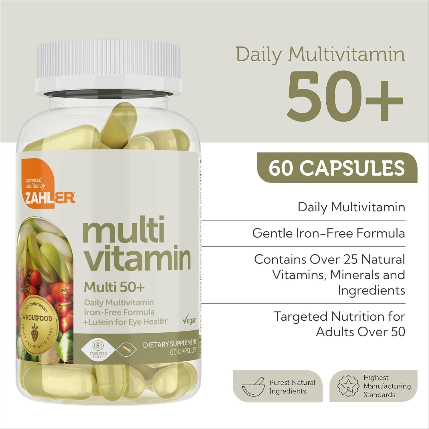Multivitaminas 50+ Zahler Sin Hierro con Luteína 60 Cápsulas