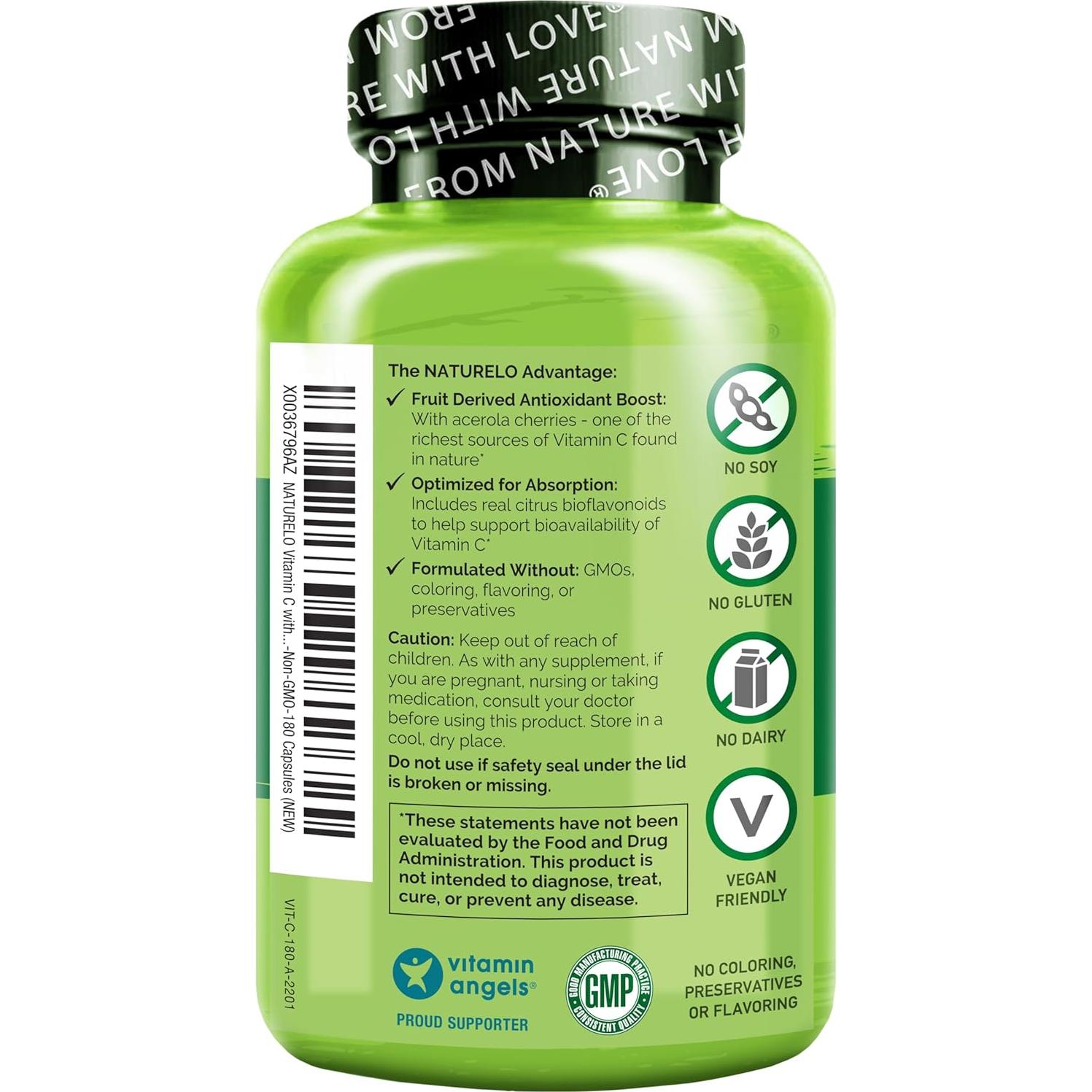 Suplemento Vegano NATURELO Vitamina C 500 mg - 180 Cápsulas