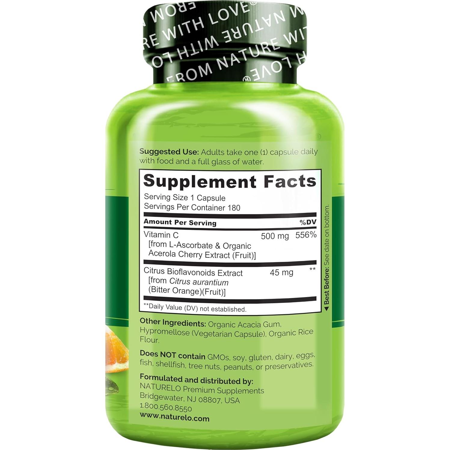 Suplemento Vegano NATURELO Vitamina C 500 mg - 180 Cápsulas