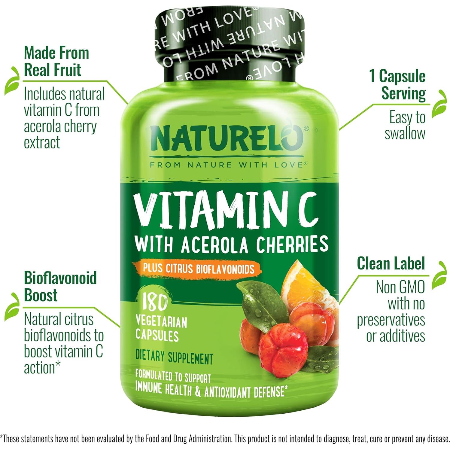 Suplemento Vegano NATURELO Vitamina C 500 mg - 180 Cápsulas