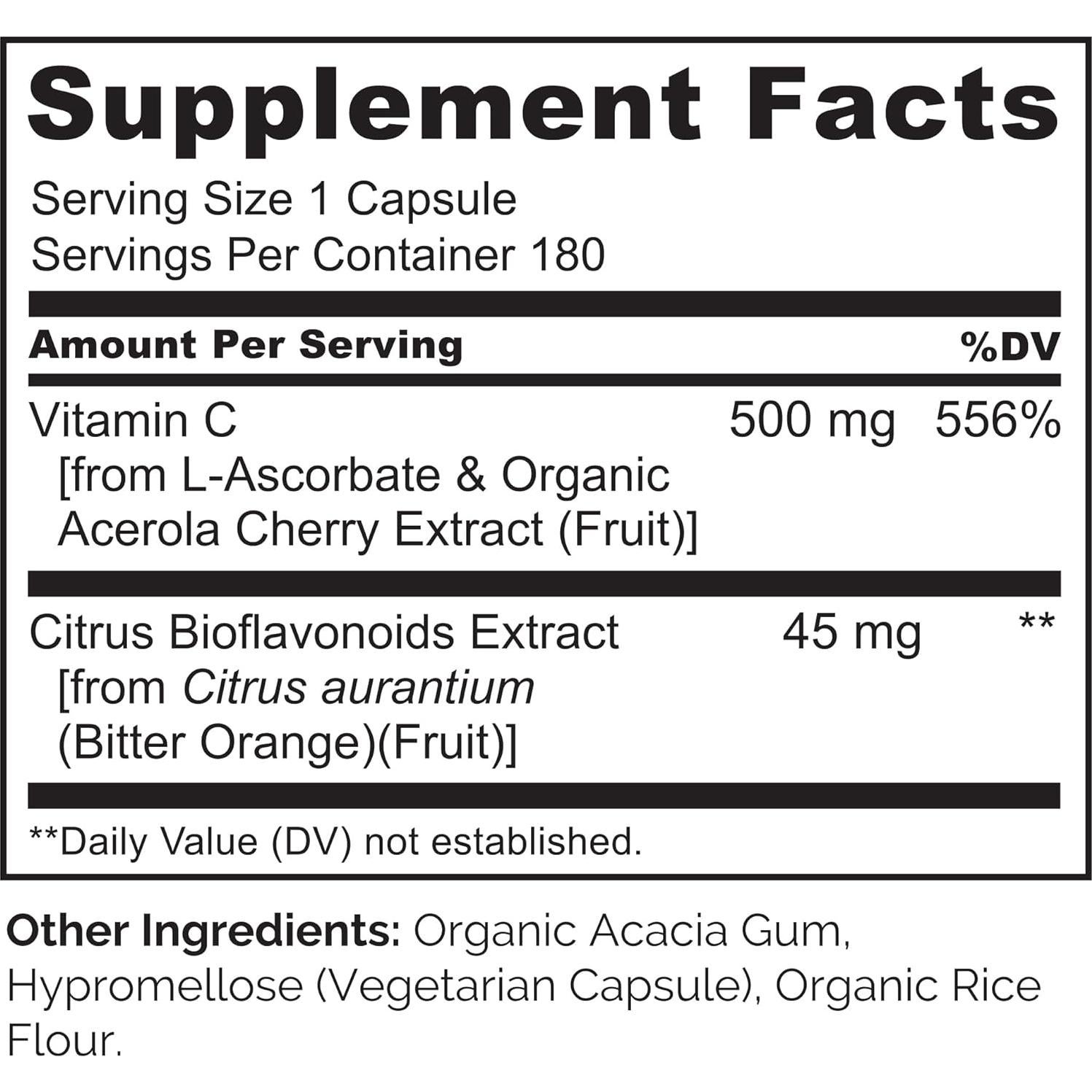 Suplemento Vegano NATURELO Vitamina C 500 mg - 180 Cápsulas