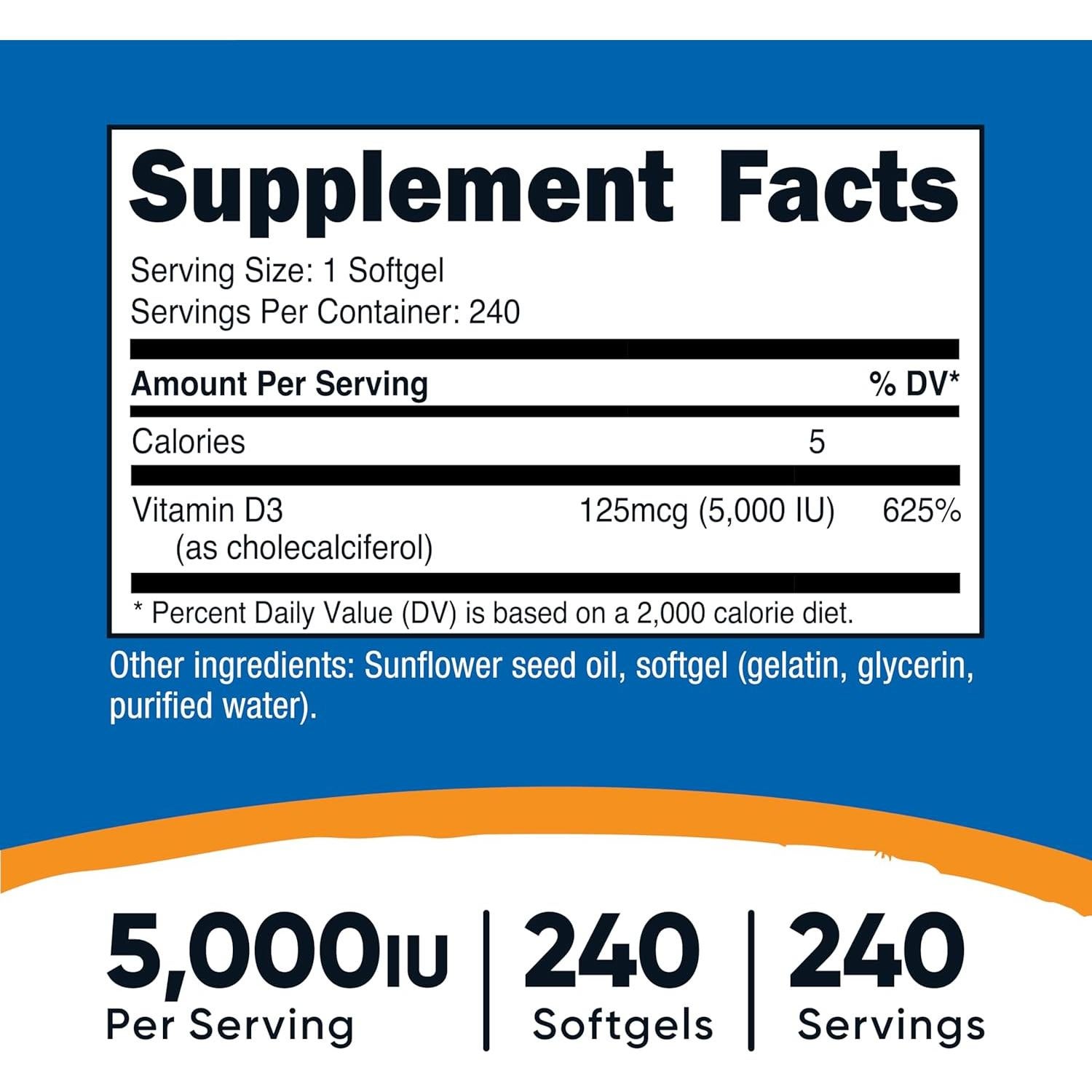 Vitamina D3 5000 UI Nutricost 240 Gelatinas Blandas Sin Gluten