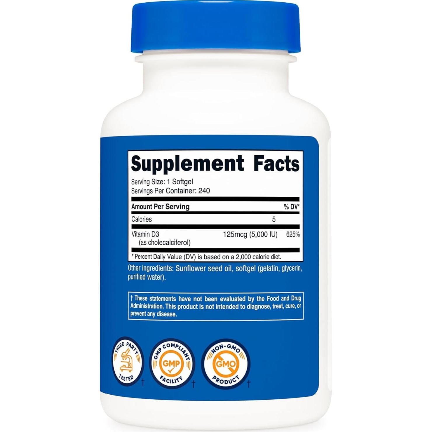 Vitamina D3 5000 UI Nutricost 240 Gelatinas Blandas Sin Gluten