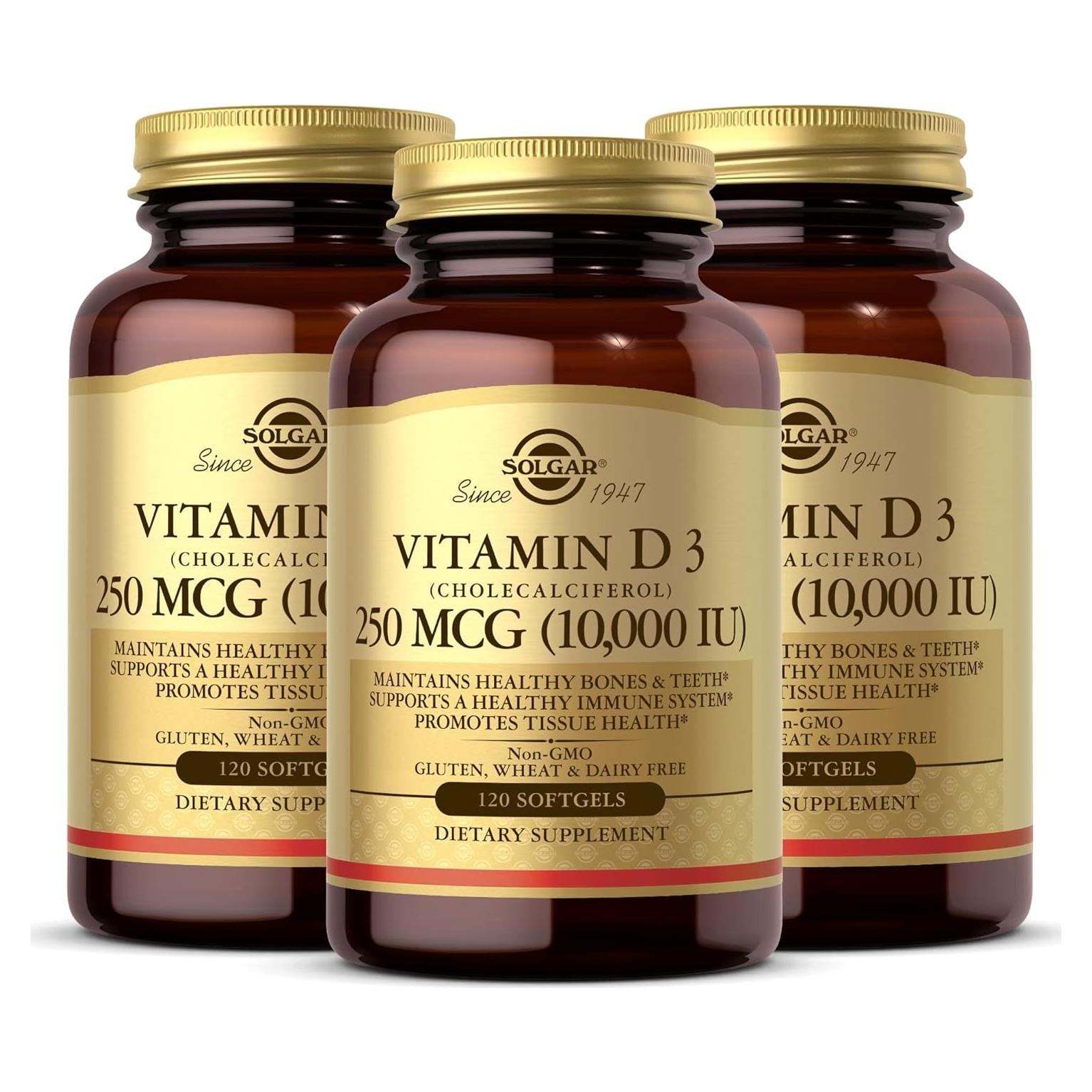 Vitamina D3 Solgar 250 mcg 120 Gelatinas Blandas - Paquete de 3