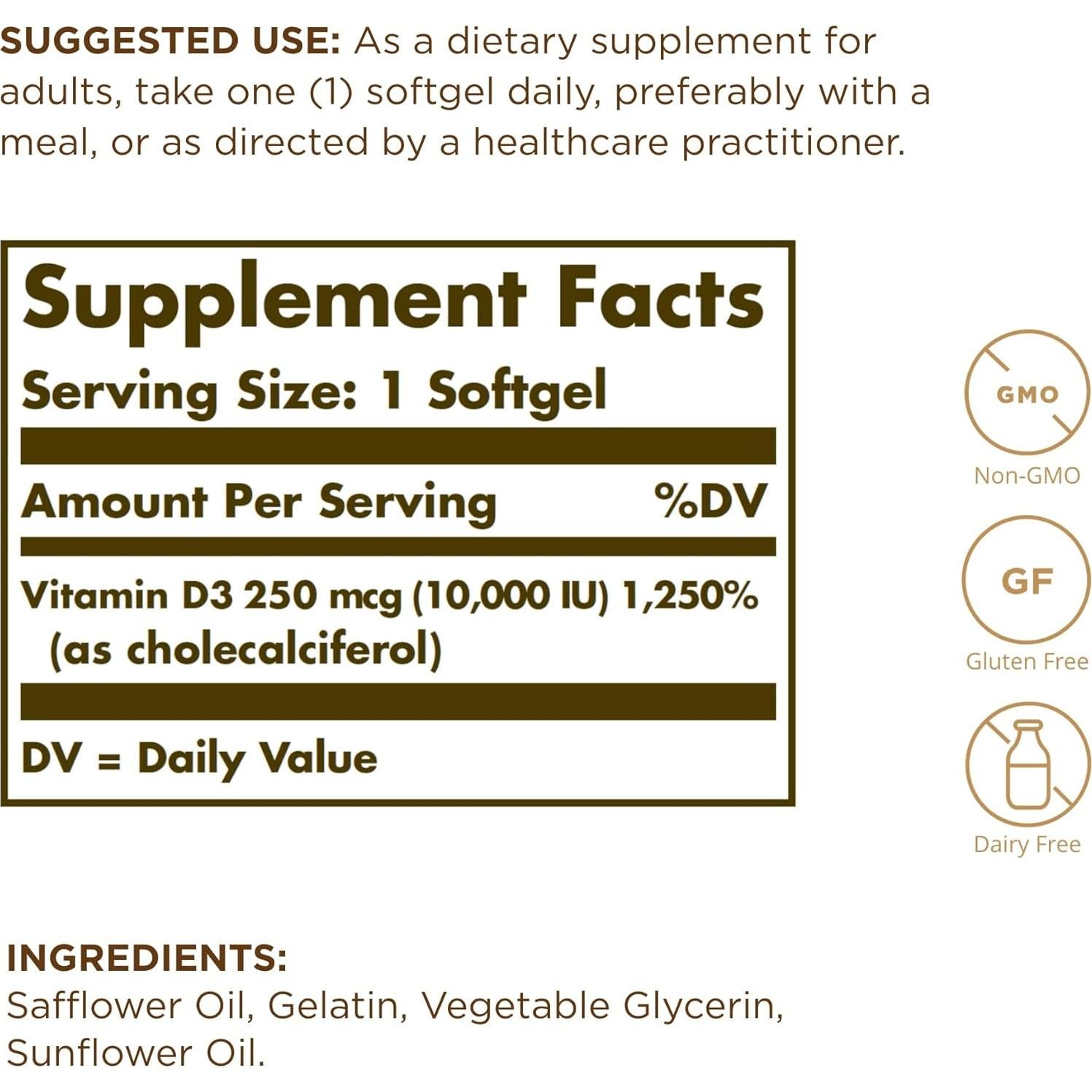 Vitamina D3 Solgar 250 mcg 120 Gelatinas Blandas - Paquete de 3