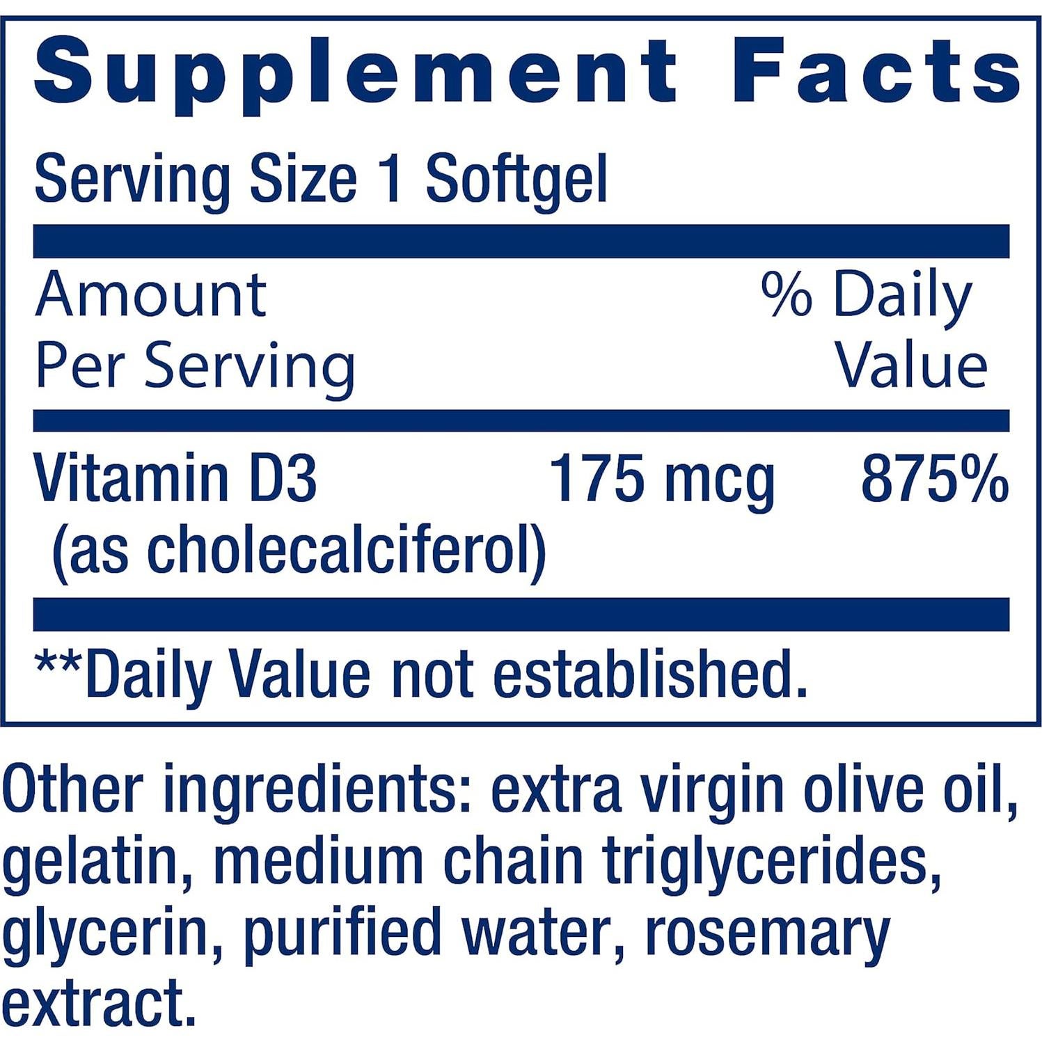 Vitamina D3 Life Extension 175 mcg 60 gelatinas blandas