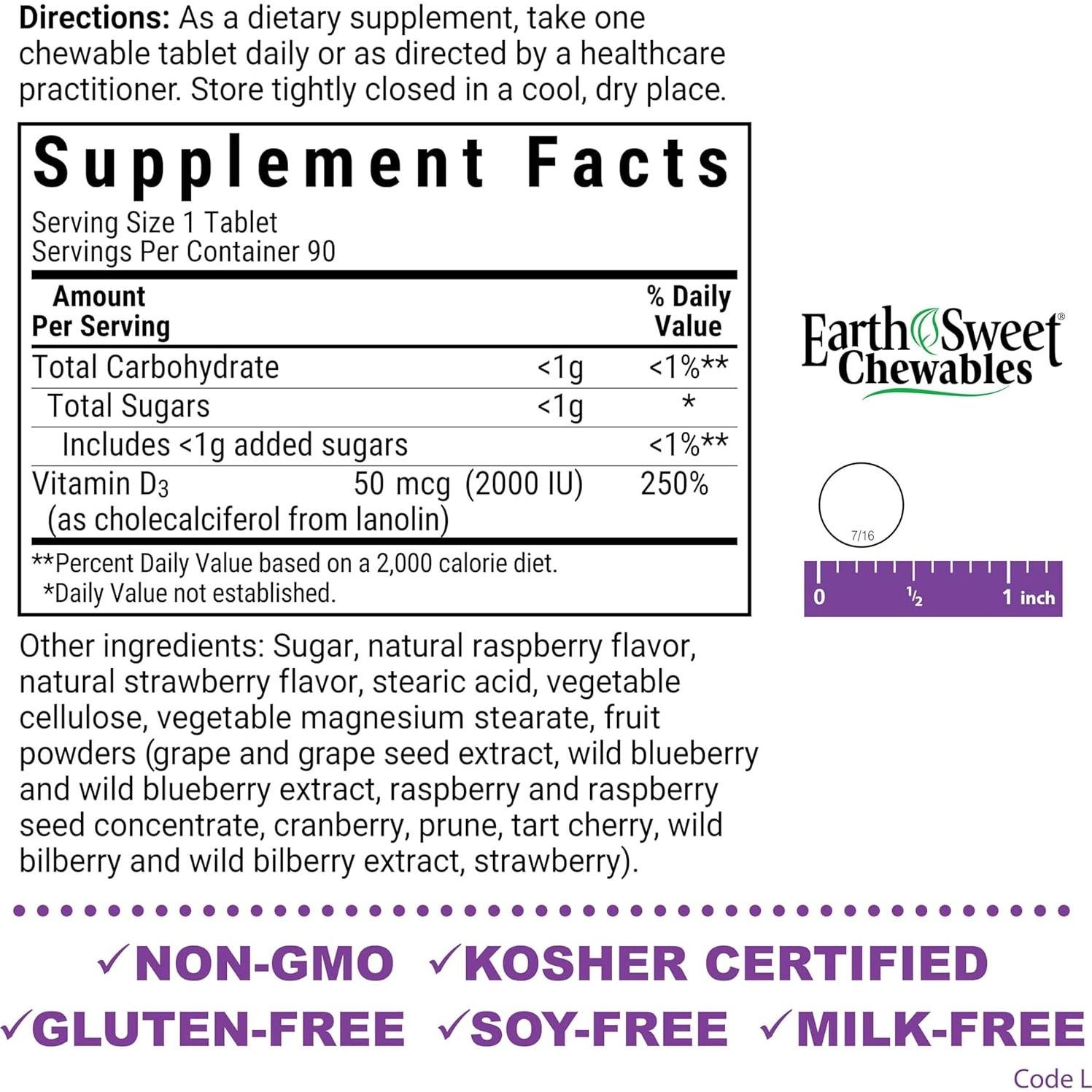 Tabletas Masticables Vitamina D3 2000 UI Bluebonnet 90 Unidades