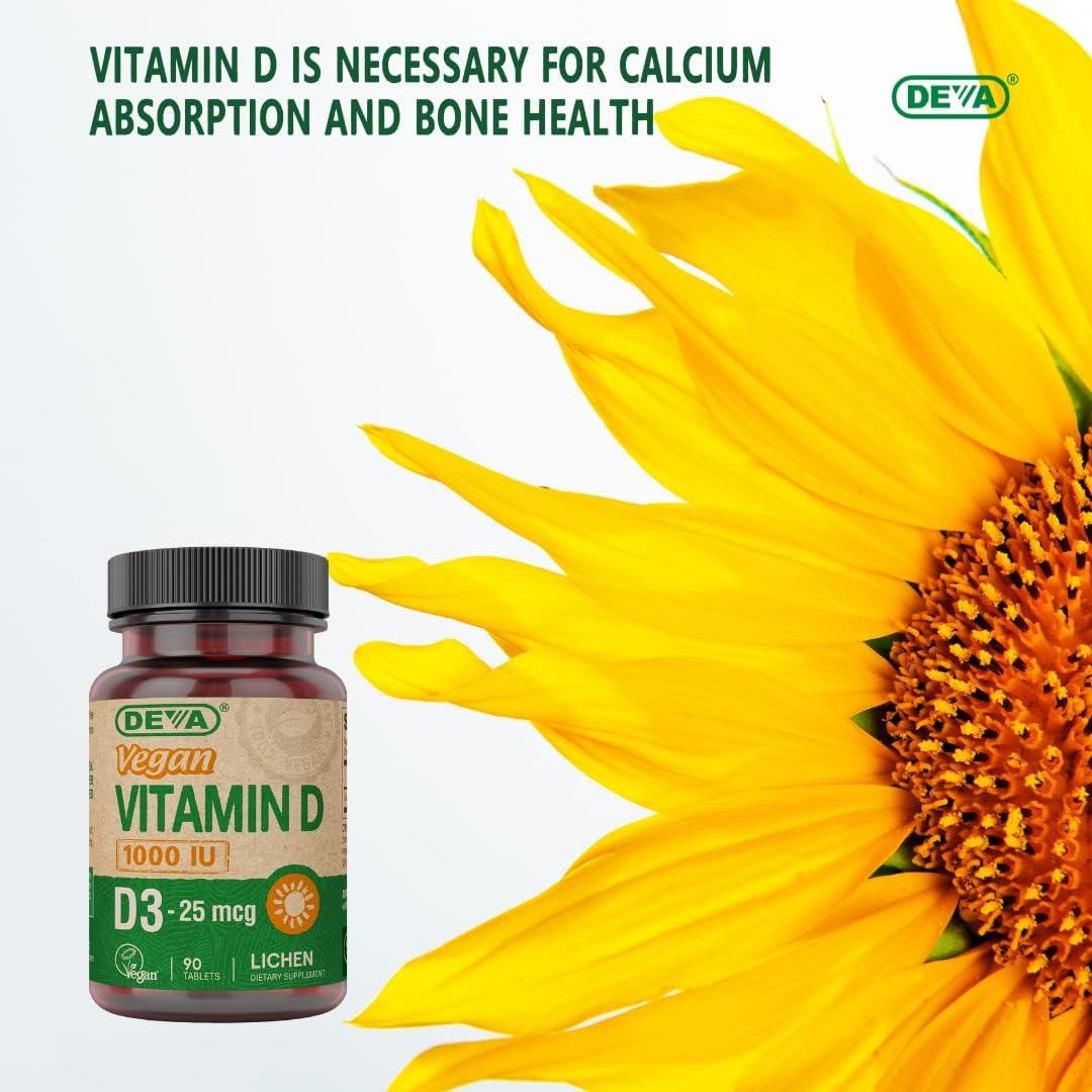 Suplemento Vegano Vitamina D3 DEVA 1000 UI 90 Tabletas