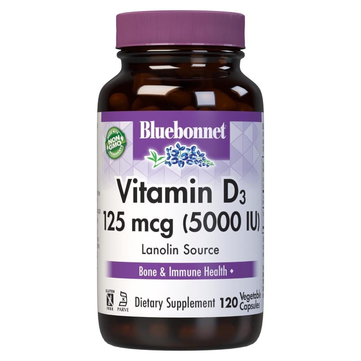 Suplemento Vitamina D3 5000 UI Bluebonnet 120 Cápsulas Vegetales