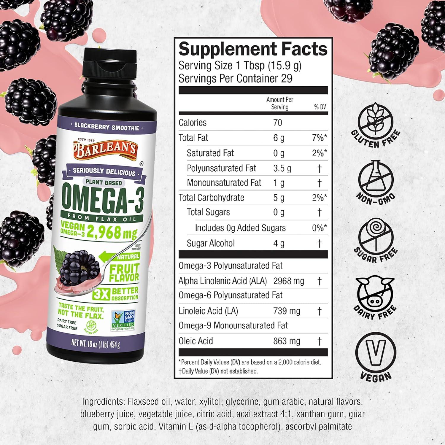 Suplemento Líquido Omega 3 6 9 Barlean's 473 ml Sabor Mora