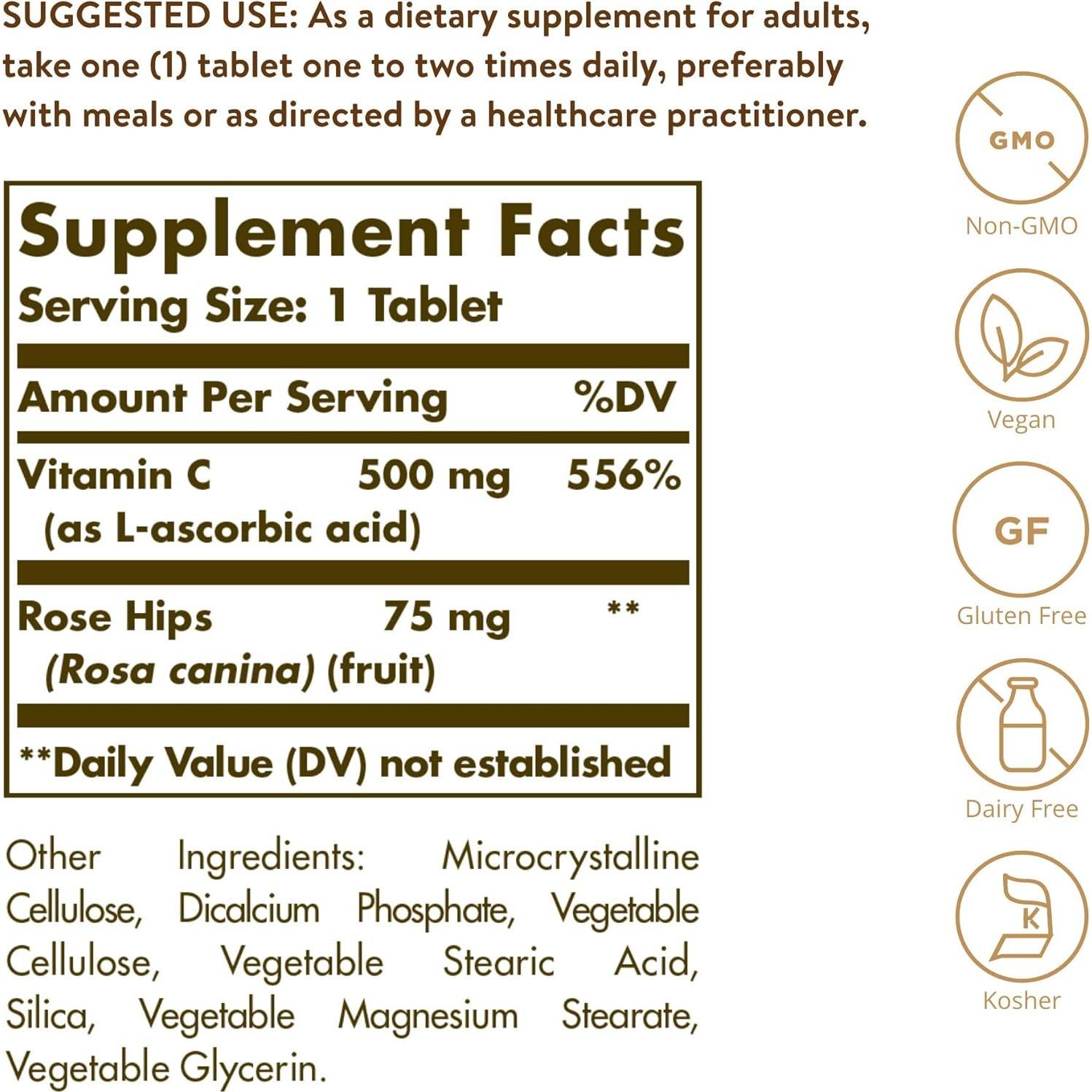 Vitamina C 500 mg Solgar con Rosa Mosqueta - 250 Tabletas