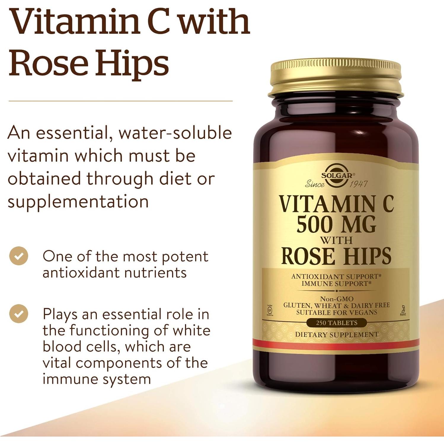 Vitamina C 500 mg Solgar con Rosa Mosqueta - 250 Tabletas